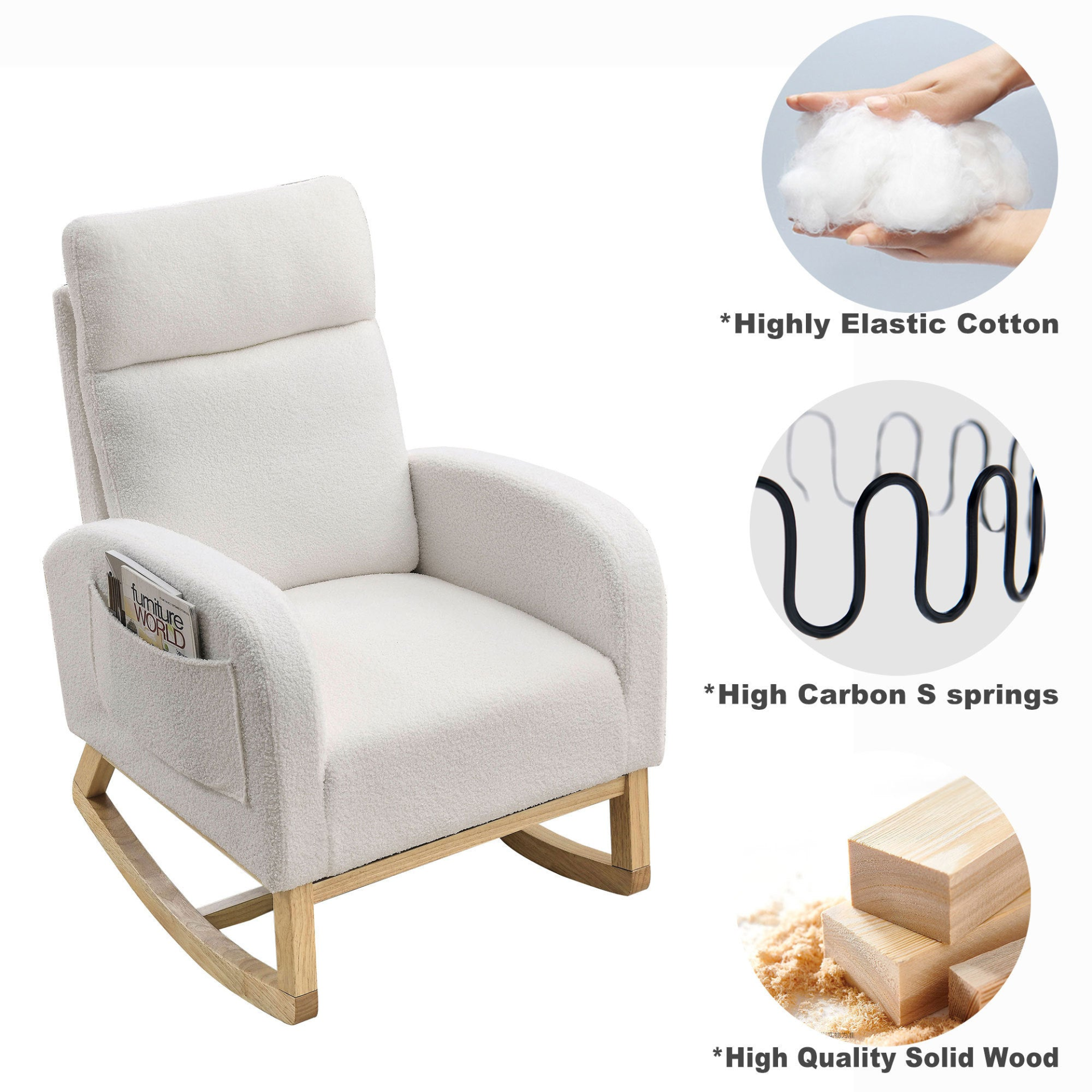 [product_type] | 27.6"W Modern Accent High Backrest Living Room Lounge Arm Rocking Chair, Two Side Pocket, Teddy White (Ivory) | casafoyer.myshopify.com