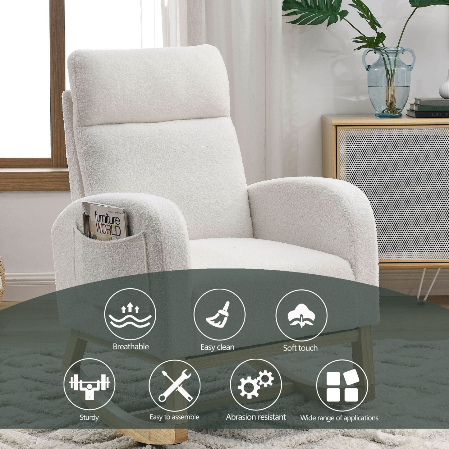 [product_type] | 27.6"W Modern Accent High Backrest Living Room Lounge Arm Rocking Chair, Two Side Pocket, Teddy White (Ivory) | casafoyer.myshopify.com