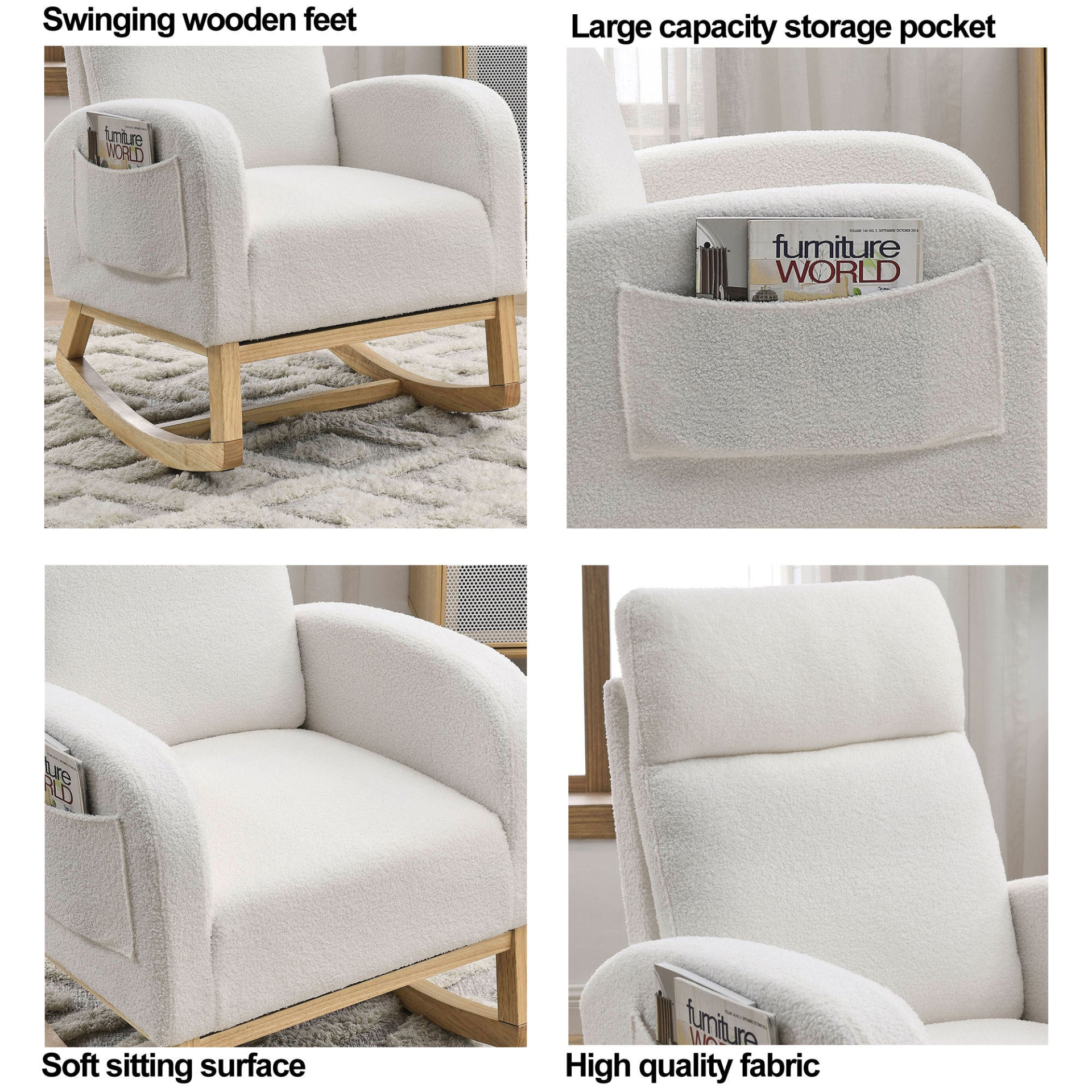 [product_type] | 27.6"W Modern Accent High Backrest Living Room Lounge Arm Rocking Chair, Two Side Pocket, Teddy White (Ivory) | casafoyer.myshopify.com