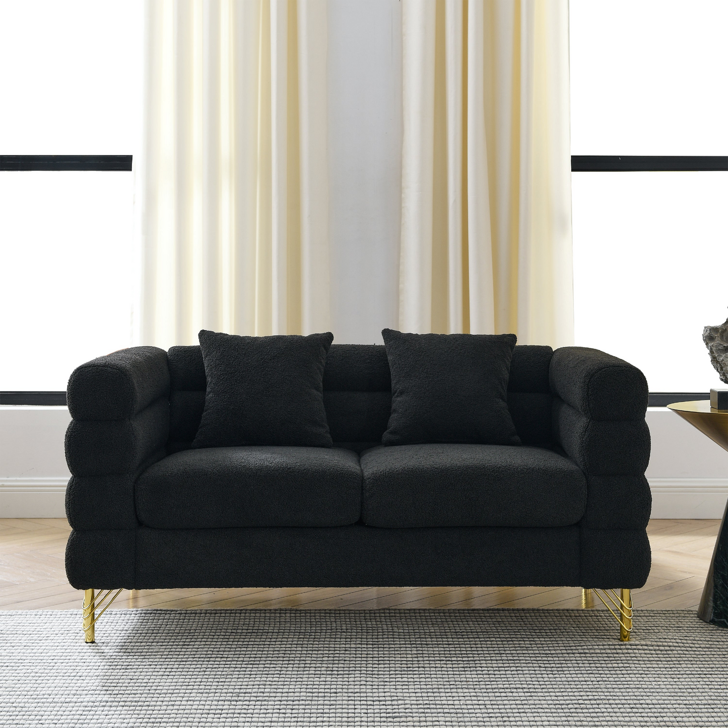 Sofa & Chair sets | 60Inch Oversized 2 Seater Sectional Sofa, Living Room Comfort Fabric Sectional Sofa-Deep Seating Sectional Sofa, Soft Sitting with 2 Pillows for Living Room, Bedroom, Office, Black teddy | casafoyer.myshopify.com