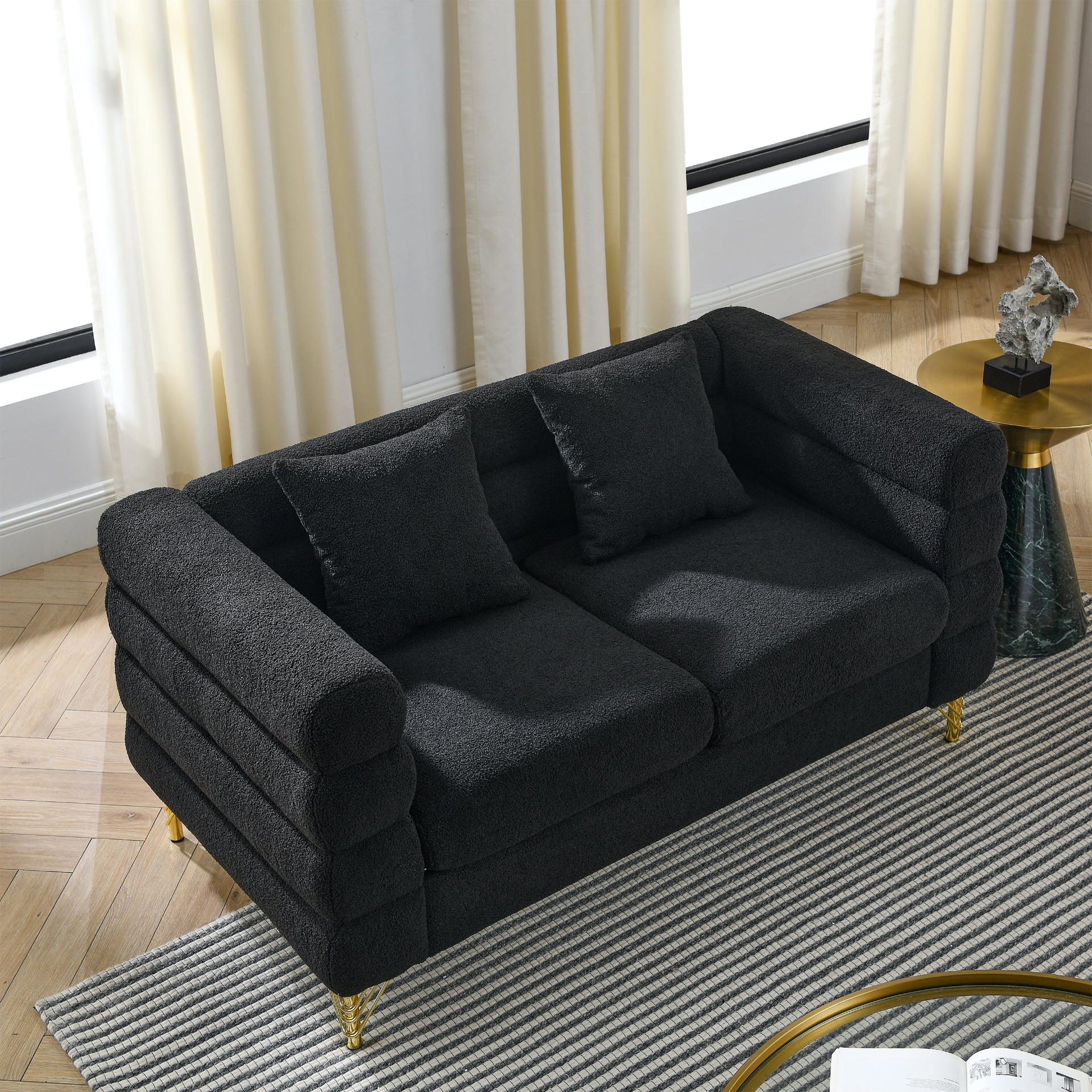 Sofa & Chair sets | 60Inch Oversized 2 Seater Sectional Sofa, Living Room Comfort Fabric Sectional Sofa-Deep Seating Sectional Sofa, Soft Sitting with 2 Pillows for Living Room, Bedroom, Office, Black teddy | casafoyer.myshopify.com