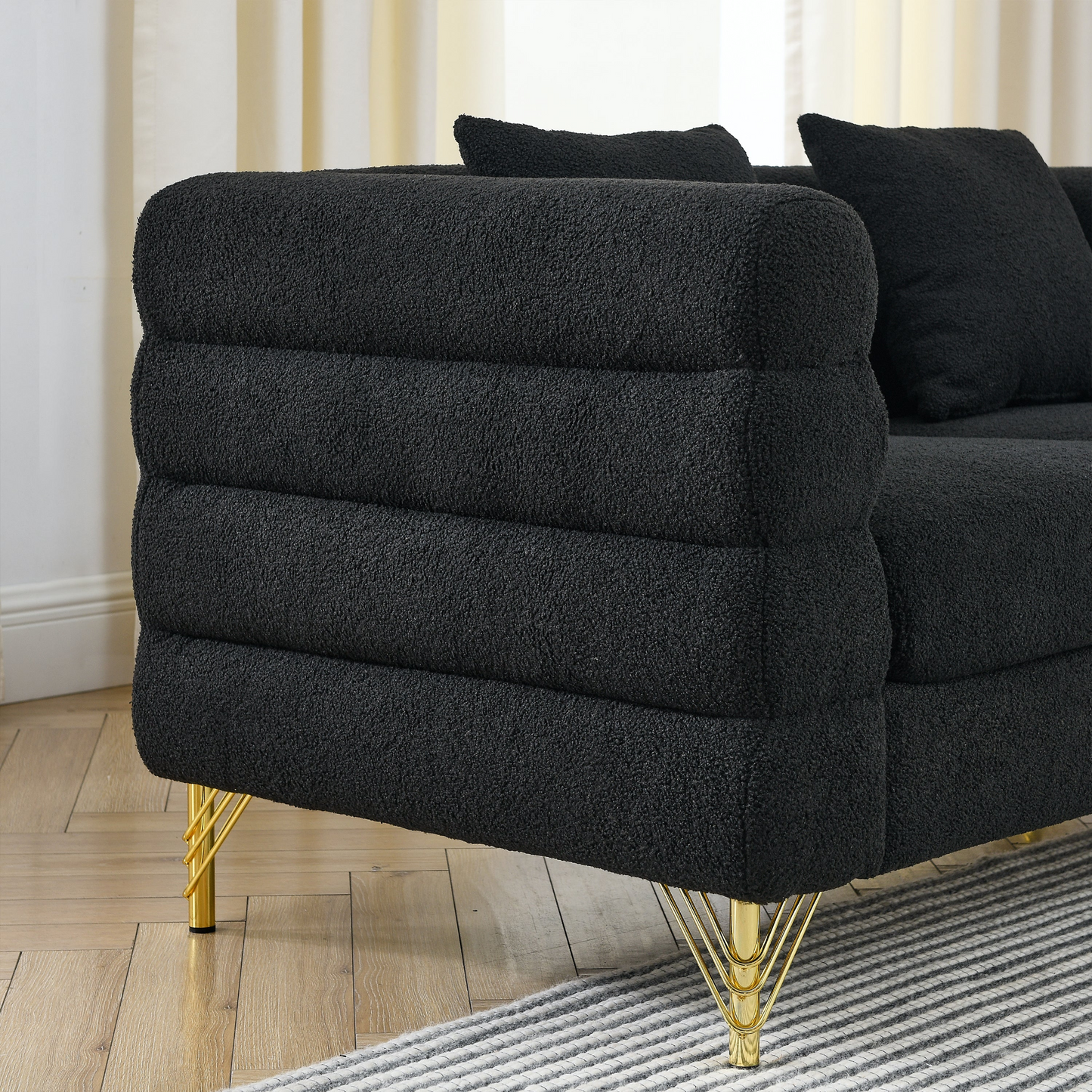 Sofa & Chair sets | 60Inch Oversized 2 Seater Sectional Sofa, Living Room Comfort Fabric Sectional Sofa-Deep Seating Sectional Sofa, Soft Sitting with 2 Pillows for Living Room, Bedroom, Office, Black teddy | casafoyer.myshopify.com