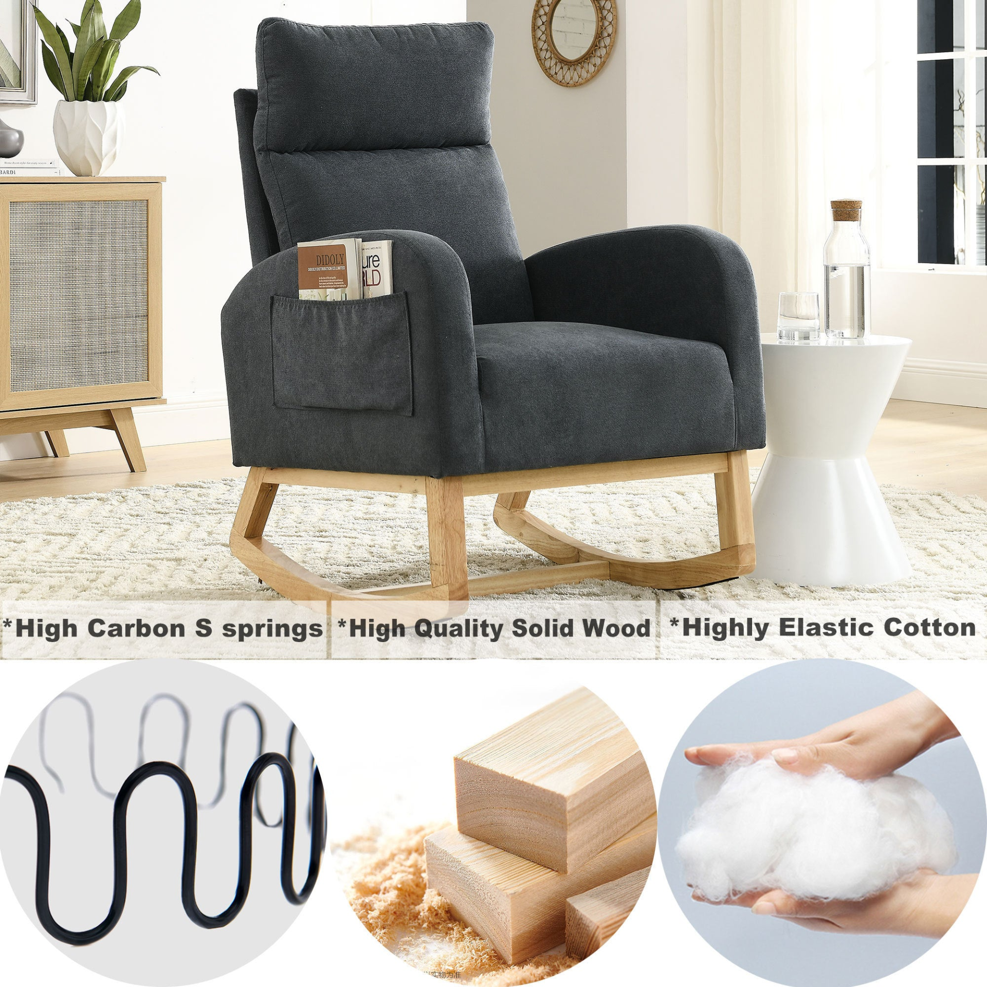 Sofa & Chair sets | Modern Accent High Backrest Living Room Lounge Arm Rocking Chair, Two Side Pocket | casafoyer.myshopify.com