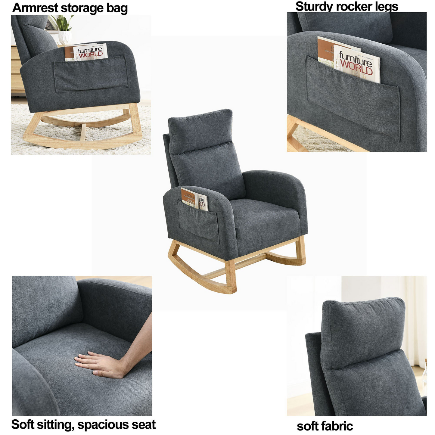 Sofa & Chair sets | Modern Accent High Backrest Living Room Lounge Arm Rocking Chair, Two Side Pocket | casafoyer.myshopify.com