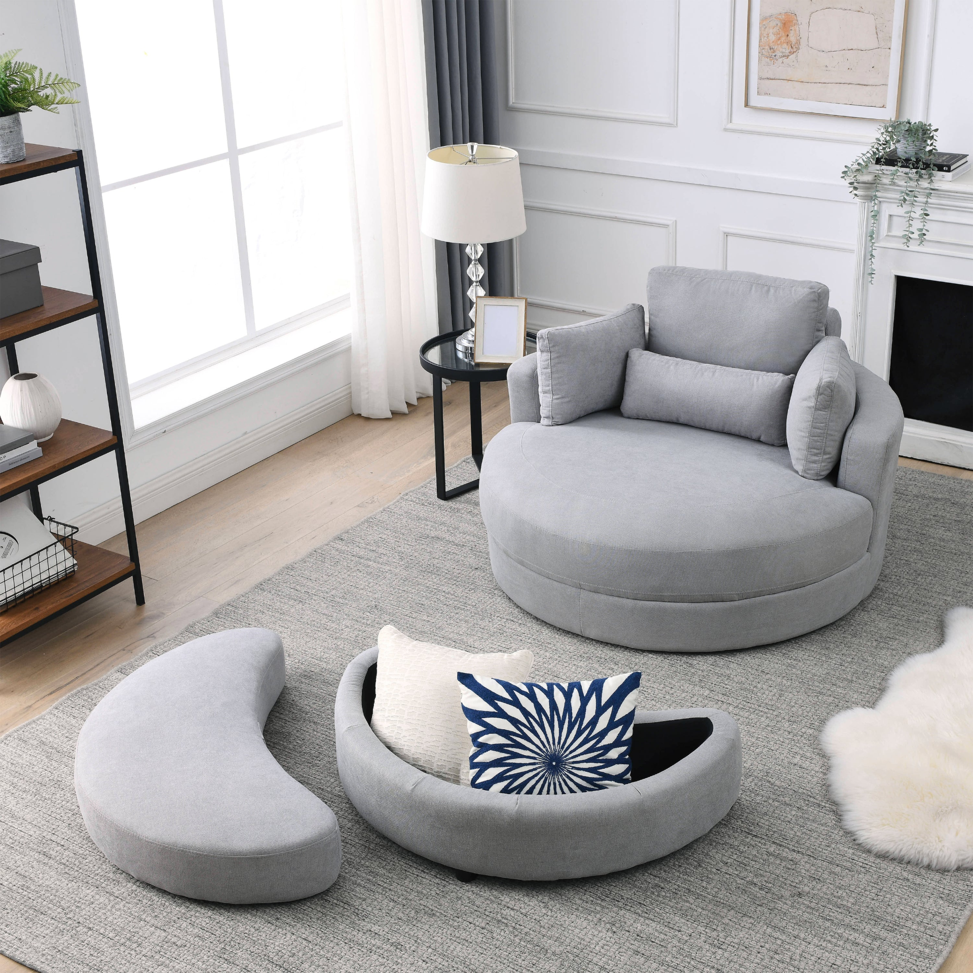 Sofa & Chair sets | Swivel Accent Barrel Modern Grey Sofa Lounge Club Big Round Chair with Storage Ottoman Linen Fabric for Living Room Hotel with Pillows | casafoyer.myshopify.com