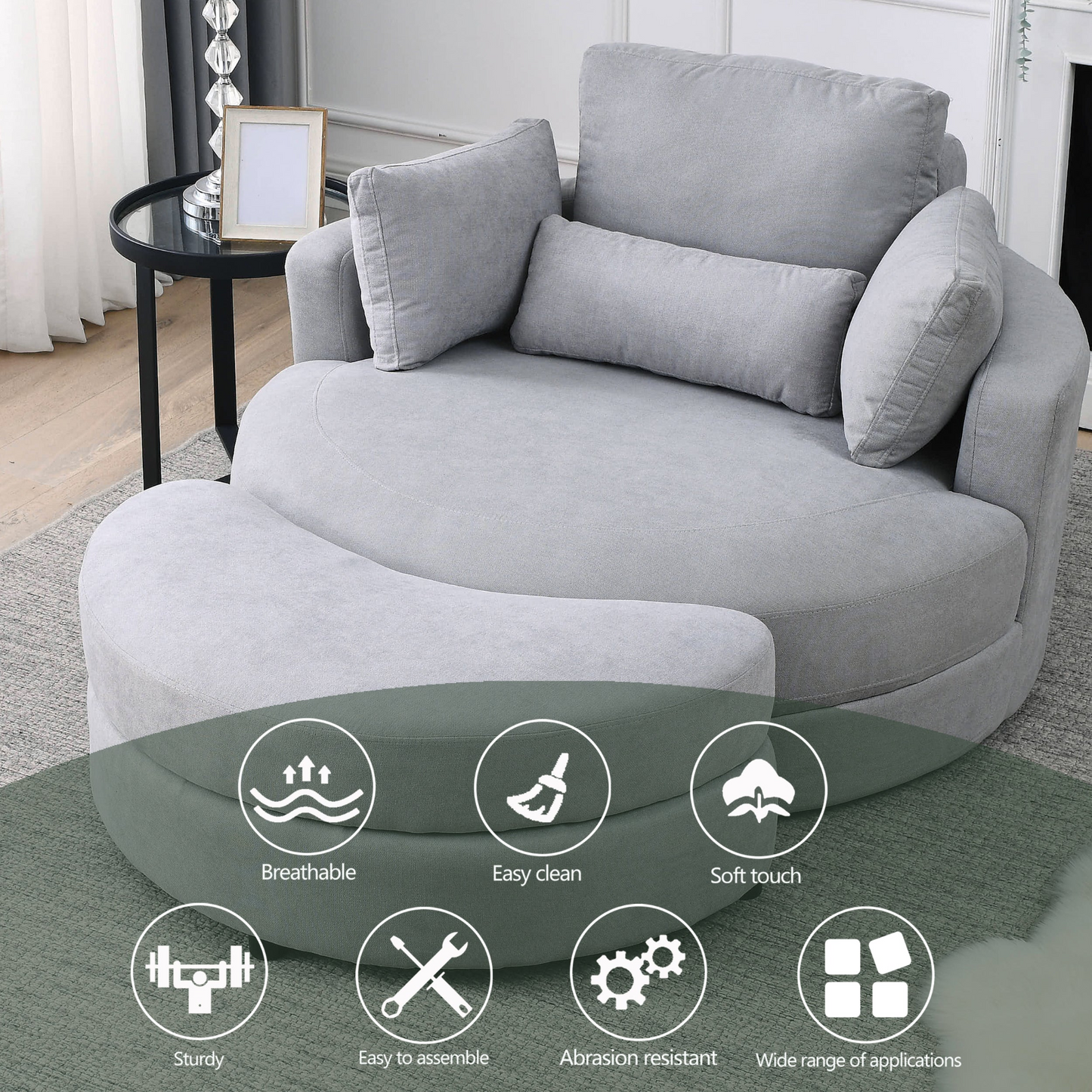 Sofa & Chair sets | Swivel Accent Barrel Modern Grey Sofa Lounge Club Big Round Chair with Storage Ottoman Linen Fabric for Living Room Hotel with Pillows | casafoyer.myshopify.com