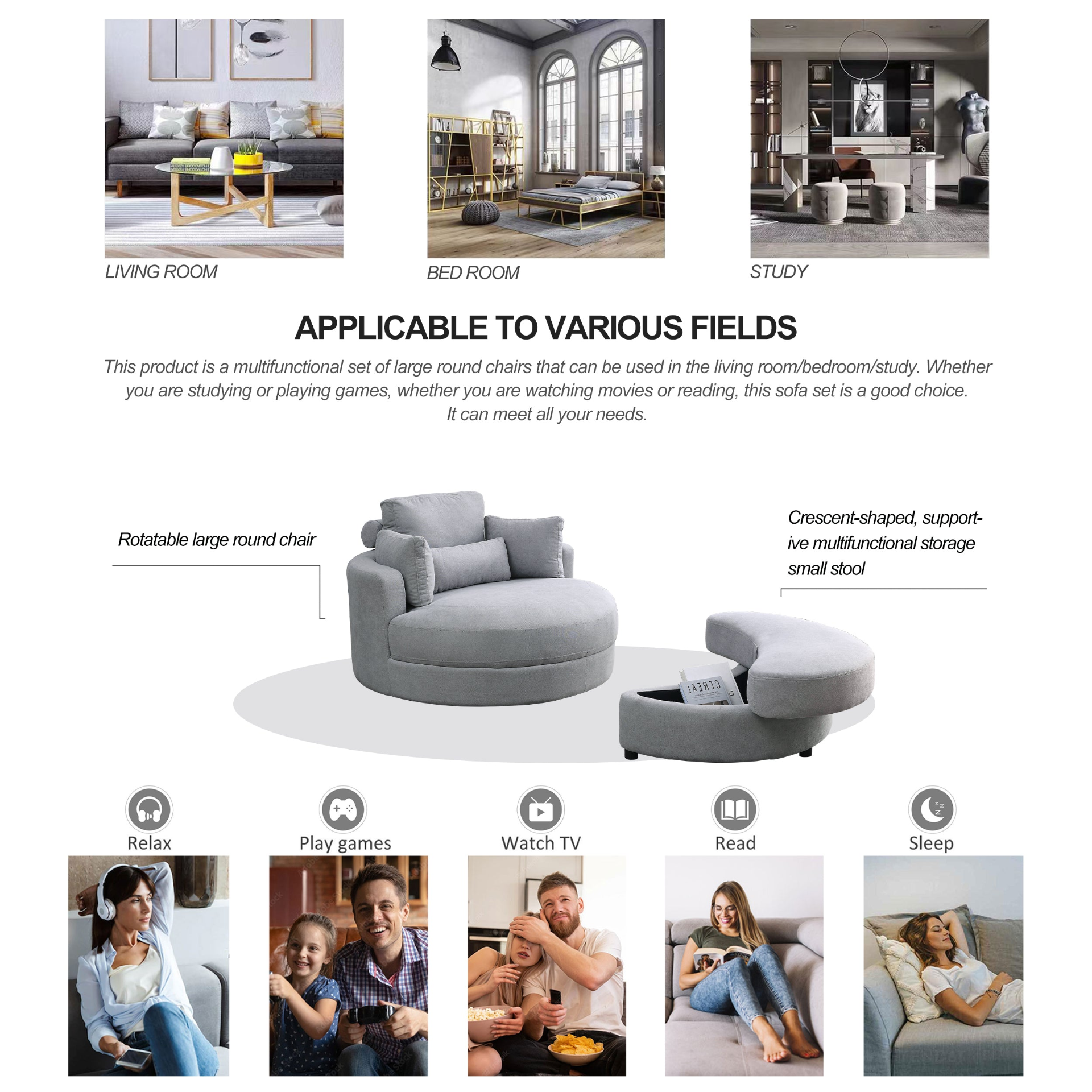 Sofa & Chair sets | Swivel Accent Barrel Modern Grey Sofa Lounge Club Big Round Chair with Storage Ottoman Linen Fabric for Living Room Hotel with Pillows | casafoyer.myshopify.com