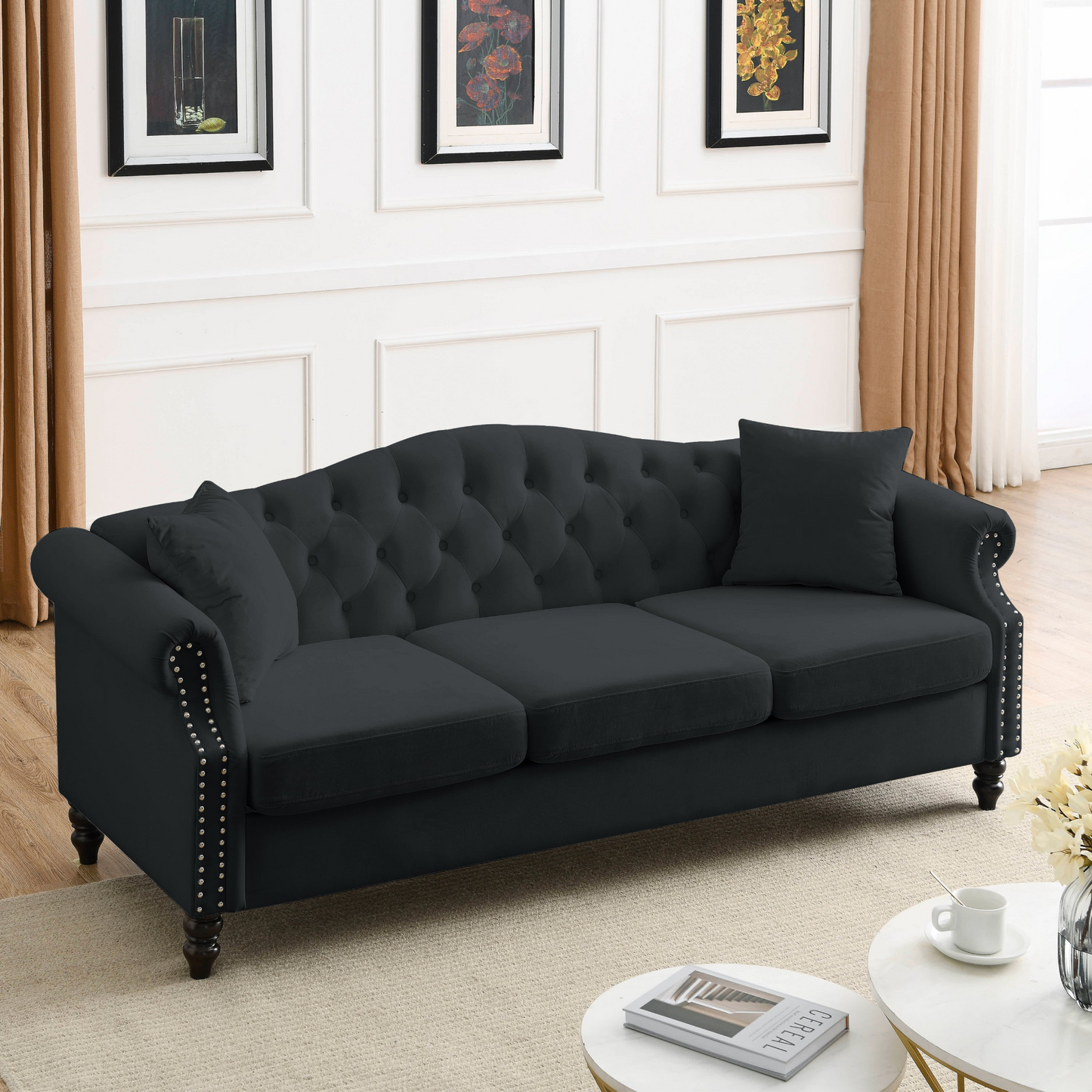 Sofa & Chair sets | Chesterfield Sofa Black Velvet for Living Room, 3 Seater Sofa Tufted Couch with Rolled Arms and Nailhead for Living Room, Bedroom, Office, Apartment, two pillows | casafoyer.myshopify.com