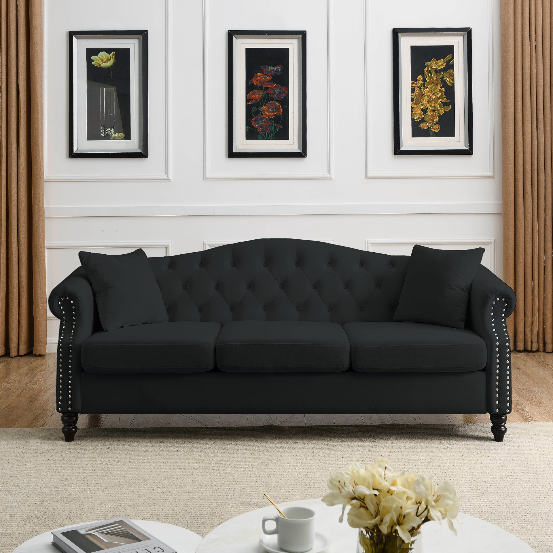 Sofa & Chair sets | Chesterfield Sofa Black Velvet for Living Room, 3 Seater Sofa Tufted Couch with Rolled Arms and Nailhead for Living Room, Bedroom, Office, Apartment, two pillows | casafoyer.myshopify.com