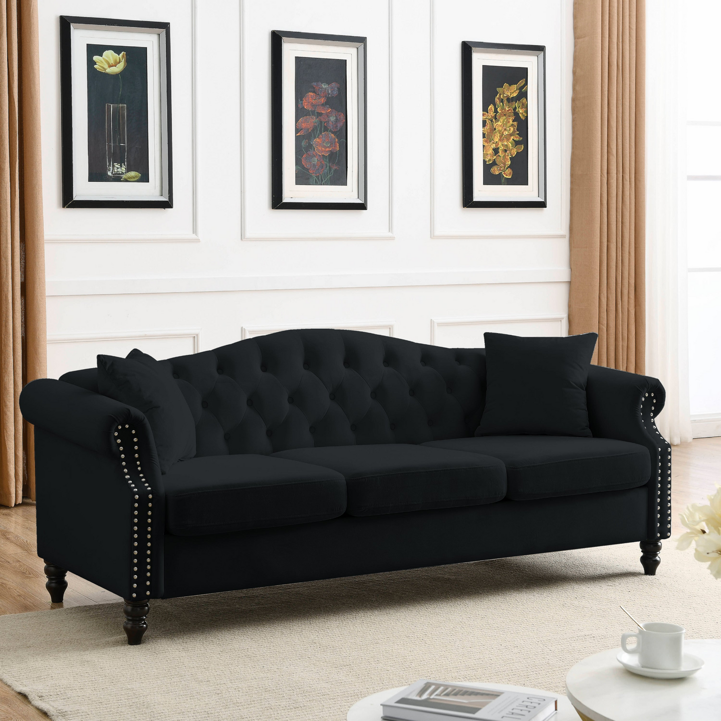 Sofa & Chair sets | Chesterfield Sofa Black Velvet for Living Room, 3 Seater Sofa Tufted Couch with Rolled Arms and Nailhead for Living Room, Bedroom, Office, Apartment, two pillows | casafoyer.myshopify.com