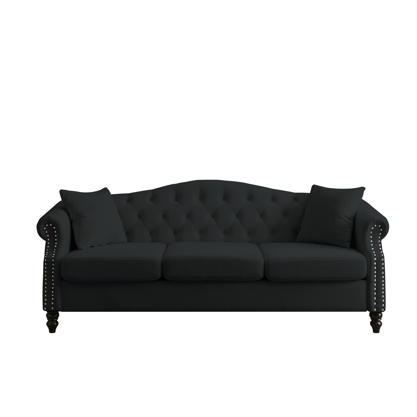 Sofa & Chair sets | Chesterfield Sofa Black Velvet for Living Room, 3 Seater Sofa Tufted Couch with Rolled Arms and Nailhead for Living Room, Bedroom, Office, Apartment, two pillows | casafoyer.myshopify.com