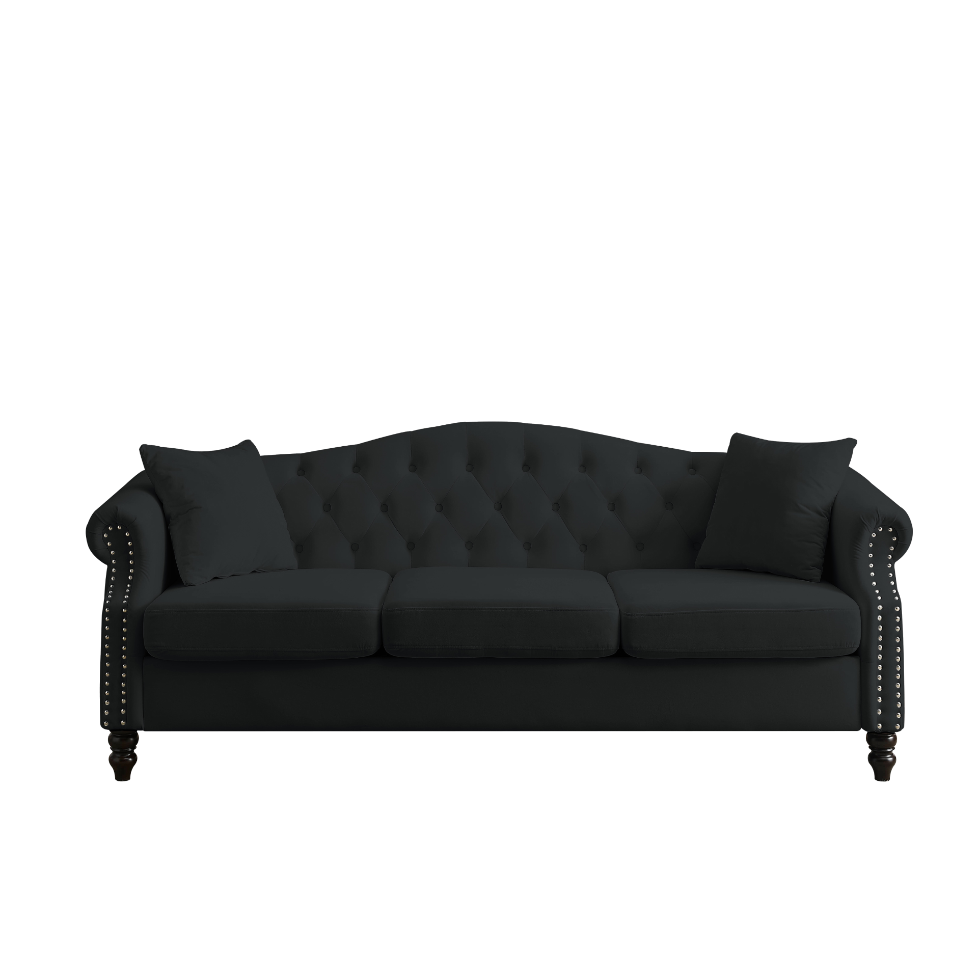 Sofa & Chair sets | Chesterfield Sofa Black Velvet for Living Room, 3 Seater Sofa Tufted Couch with Rolled Arms and Nailhead for Living Room, Bedroom, Office, Apartment, two pillows | casafoyer.myshopify.com