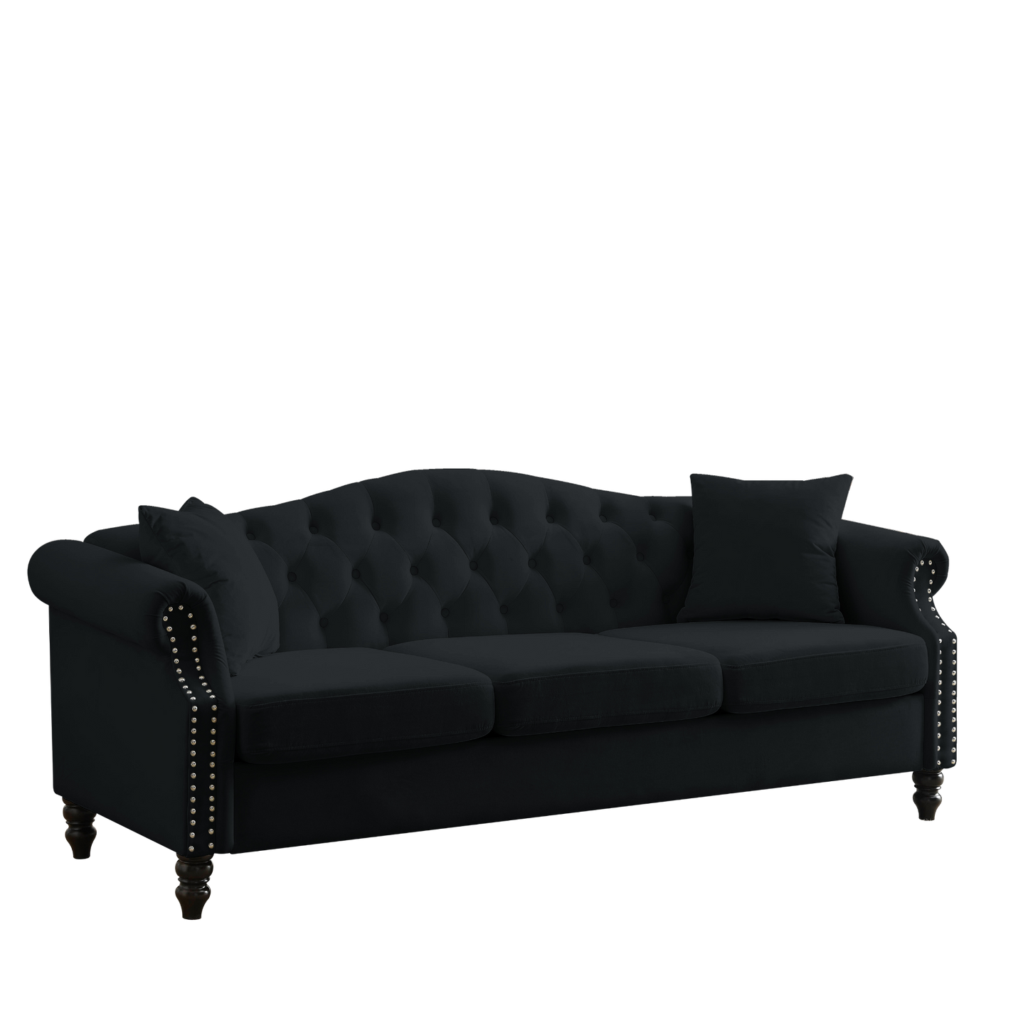 Sofa & Chair sets | Chesterfield Sofa Black Velvet for Living Room, 3 Seater Sofa Tufted Couch with Rolled Arms and Nailhead for Living Room, Bedroom, Office, Apartment, two pillows | casafoyer.myshopify.com