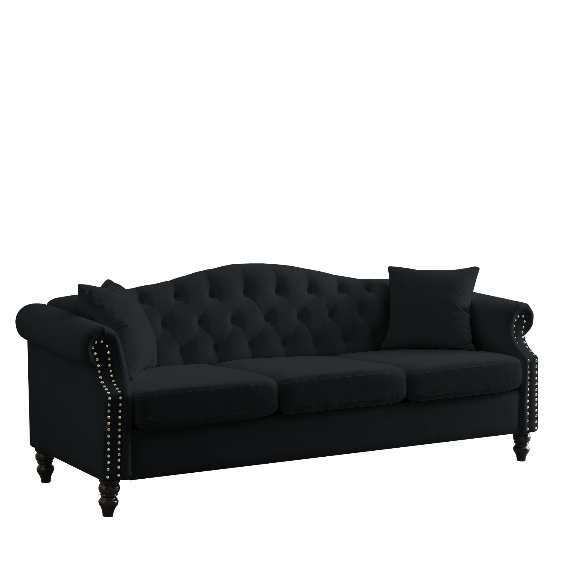 Sofa & Chair sets | Chesterfield Sofa Black Velvet for Living Room, 3 Seater Sofa Tufted Couch with Rolled Arms and Nailhead for Living Room, Bedroom, Office, Apartment, two pillows | casafoyer.myshopify.com