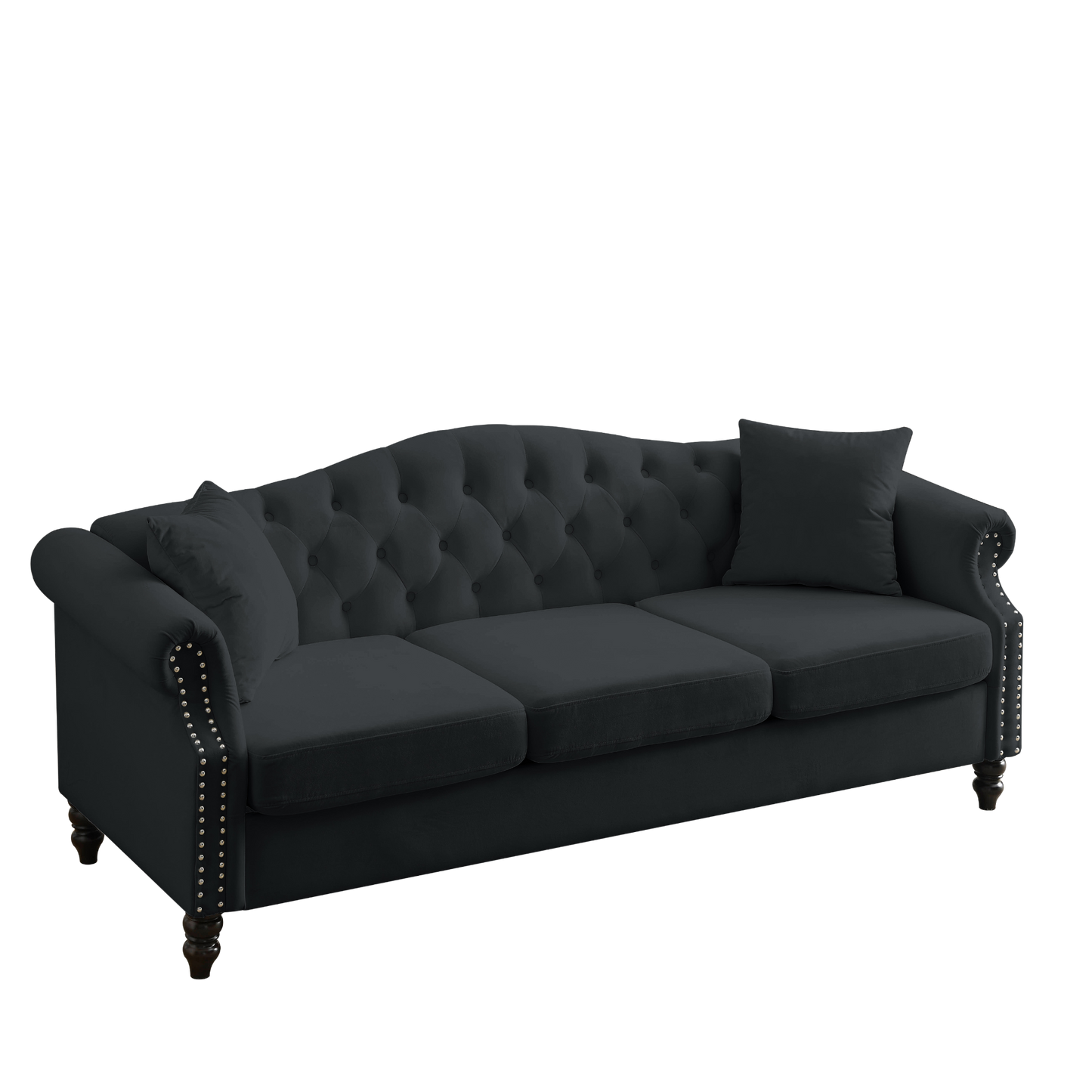 Sofa & Chair sets | Chesterfield Sofa Black Velvet for Living Room, 3 Seater Sofa Tufted Couch with Rolled Arms and Nailhead for Living Room, Bedroom, Office, Apartment, two pillows | casafoyer.myshopify.com