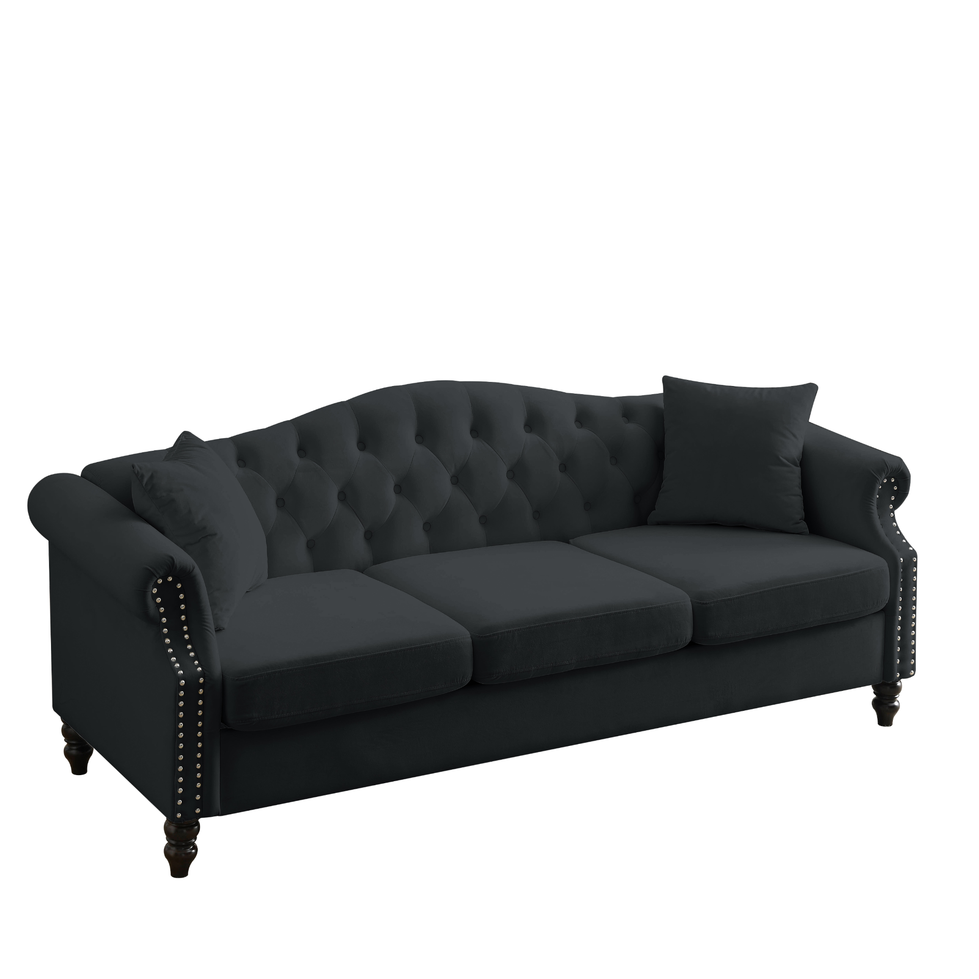 Sofa & Chair sets | Chesterfield Sofa Black Velvet for Living Room, 3 Seater Sofa Tufted Couch with Rolled Arms and Nailhead for Living Room, Bedroom, Office, Apartment, two pillows | casafoyer.myshopify.com