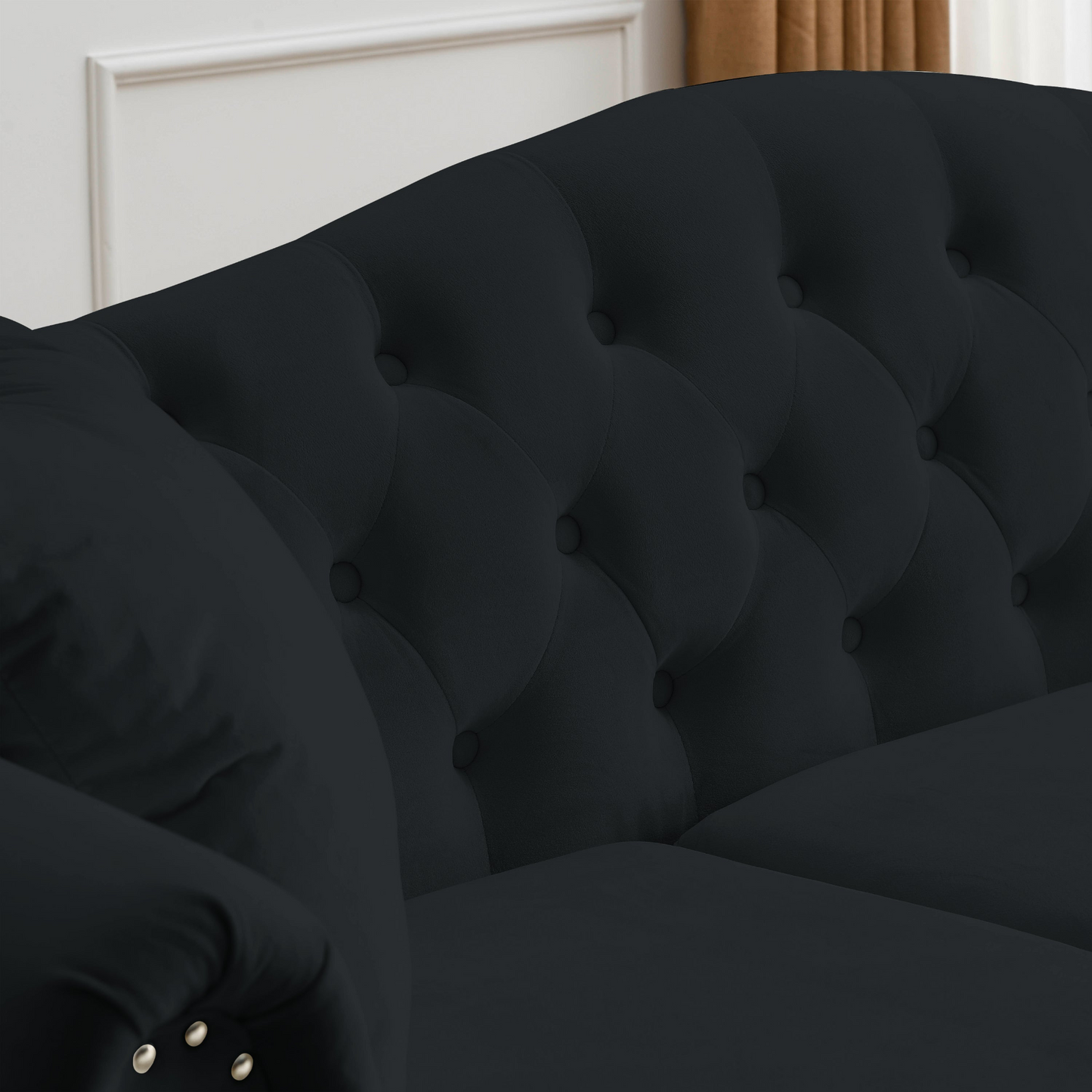 Sofa & Chair sets | Chesterfield Sofa Black Velvet for Living Room, 3 Seater Sofa Tufted Couch with Rolled Arms and Nailhead for Living Room, Bedroom, Office, Apartment, two pillows | casafoyer.myshopify.com