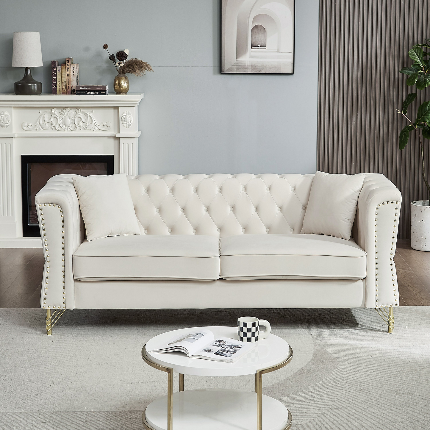 Sofa & Chair sets | Chesterfield Sofa Grey Velvet for Living Room, 3 Seater Sofa Tufted Couch with metal foot and Nailhead for Living Room, Bedroom, Office, Apartment, two pillows | casafoyer.myshopify.com