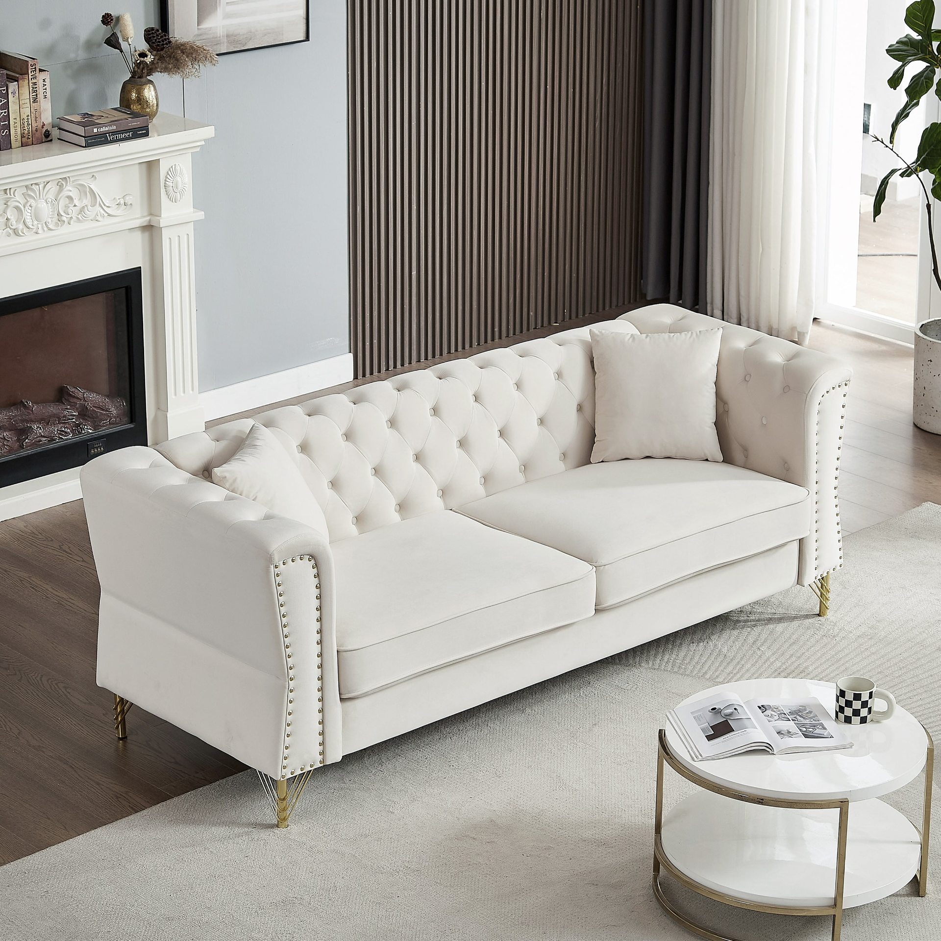 Sofa & Chair sets | Chesterfield Sofa Grey Velvet for Living Room, 3 Seater Sofa Tufted Couch with metal foot and Nailhead for Living Room, Bedroom, Office, Apartment, two pillows | casafoyer.myshopify.com