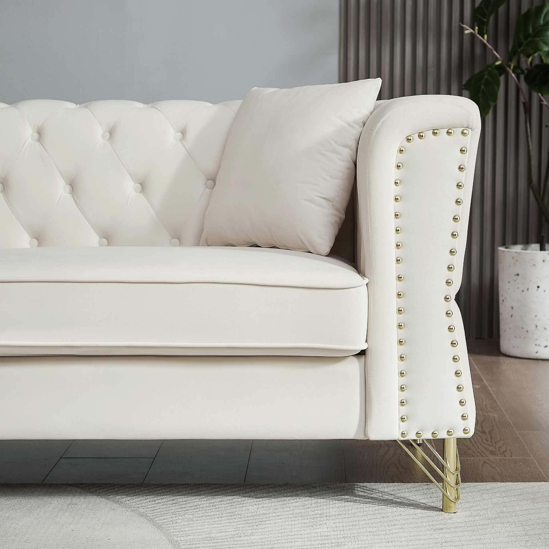 Sofa & Chair sets | Chesterfield Sofa Grey Velvet for Living Room, 3 Seater Sofa Tufted Couch with metal foot and Nailhead for Living Room, Bedroom, Office, Apartment, two pillows | casafoyer.myshopify.com