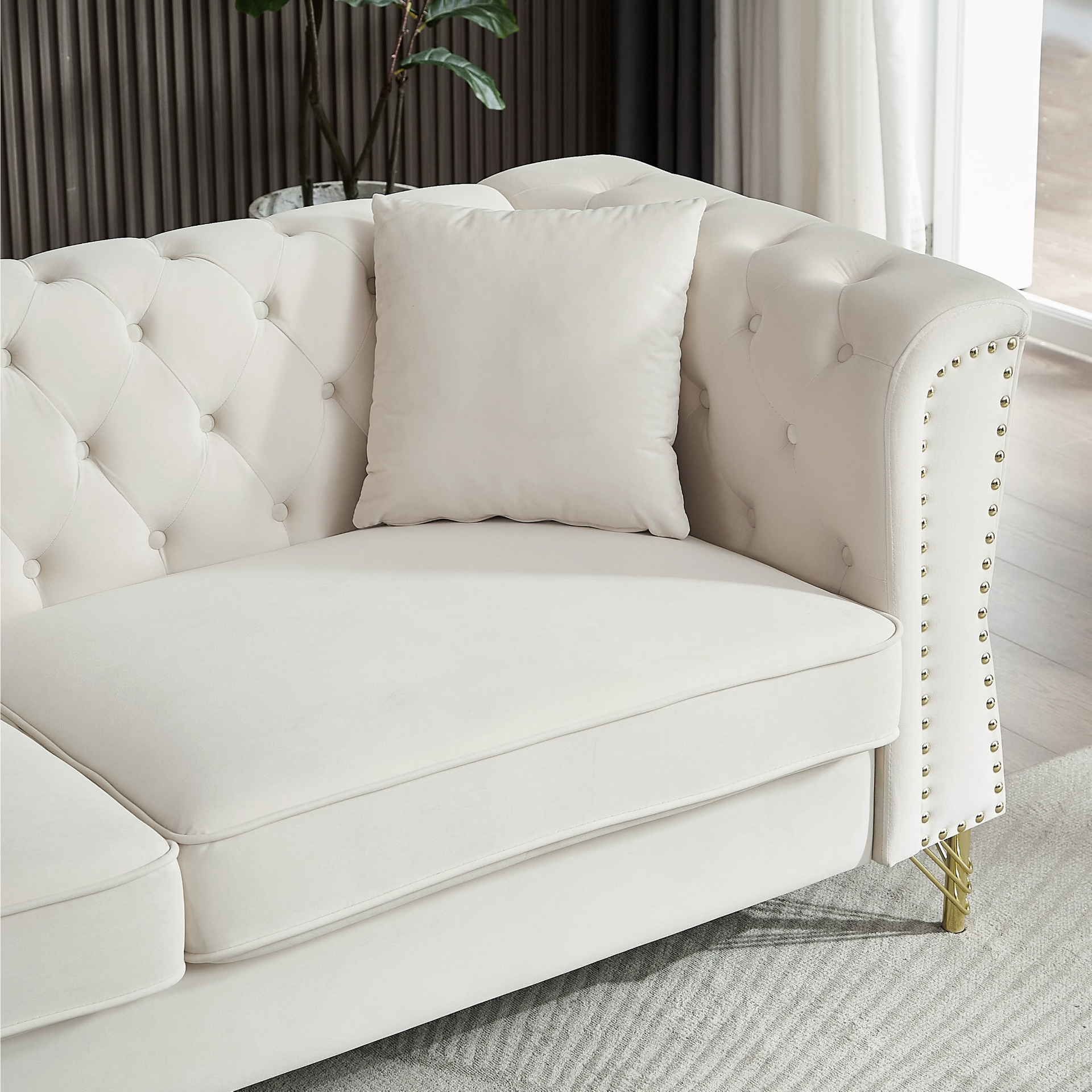 Sofa & Chair sets | Chesterfield Sofa Grey Velvet for Living Room, 3 Seater Sofa Tufted Couch with metal foot and Nailhead for Living Room, Bedroom, Office, Apartment, two pillows | casafoyer.myshopify.com