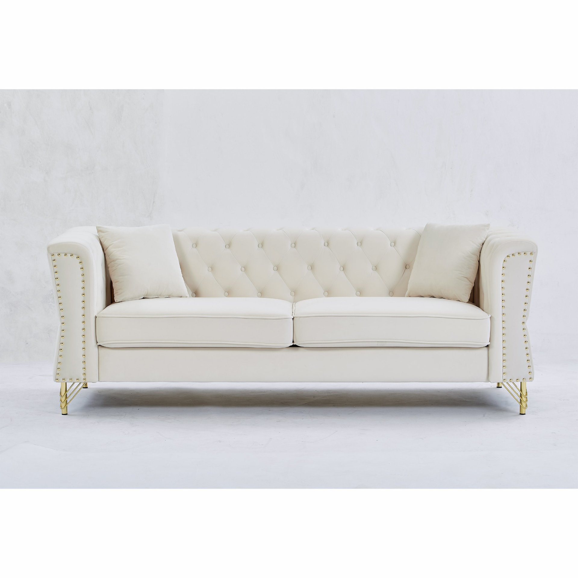 Sofa & Chair sets | Chesterfield Sofa Grey Velvet for Living Room, 3 Seater Sofa Tufted Couch with metal foot and Nailhead for Living Room, Bedroom, Office, Apartment, two pillows | casafoyer.myshopify.com