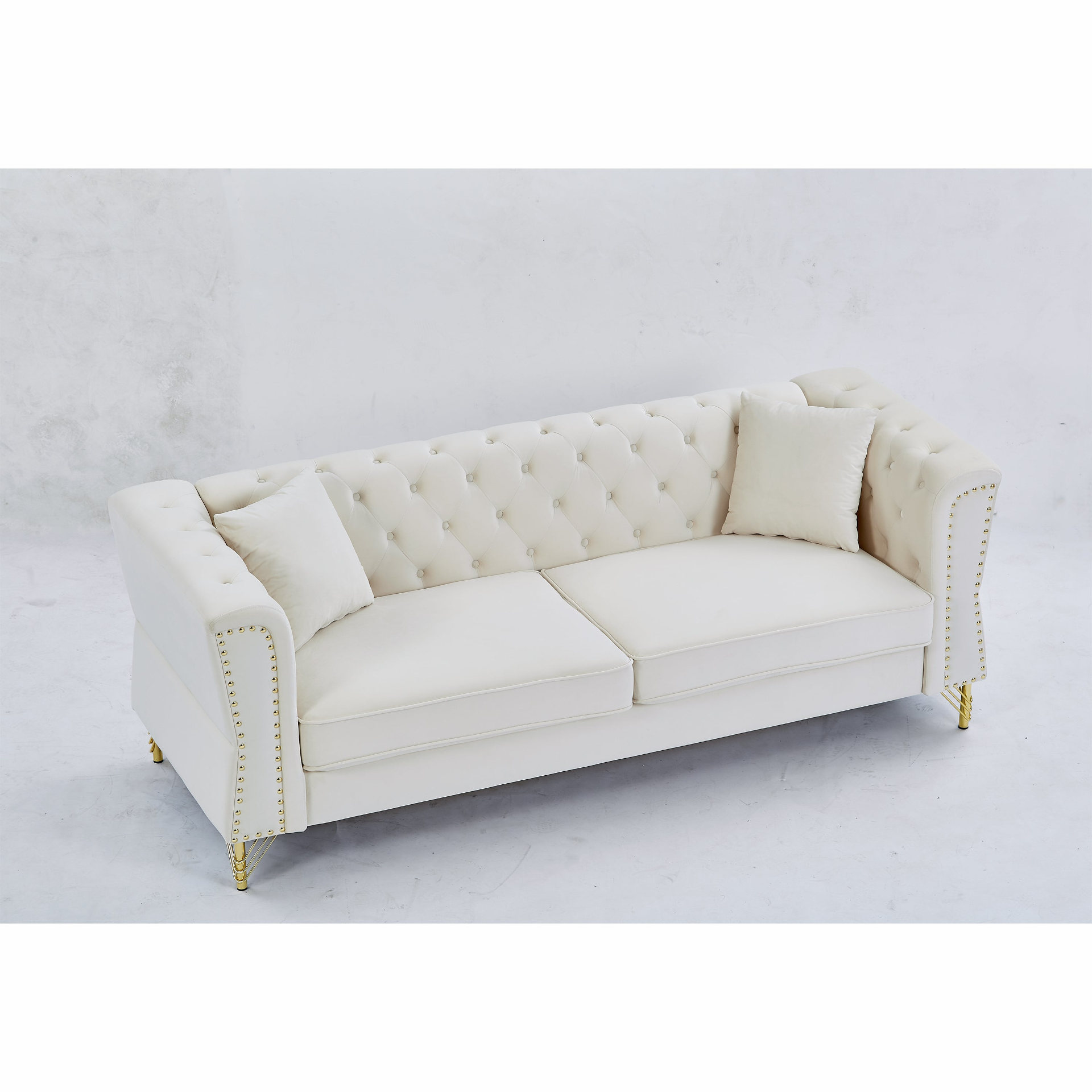 Sofa & Chair sets | Chesterfield Sofa Grey Velvet for Living Room, 3 Seater Sofa Tufted Couch with metal foot and Nailhead for Living Room, Bedroom, Office, Apartment, two pillows | casafoyer.myshopify.com