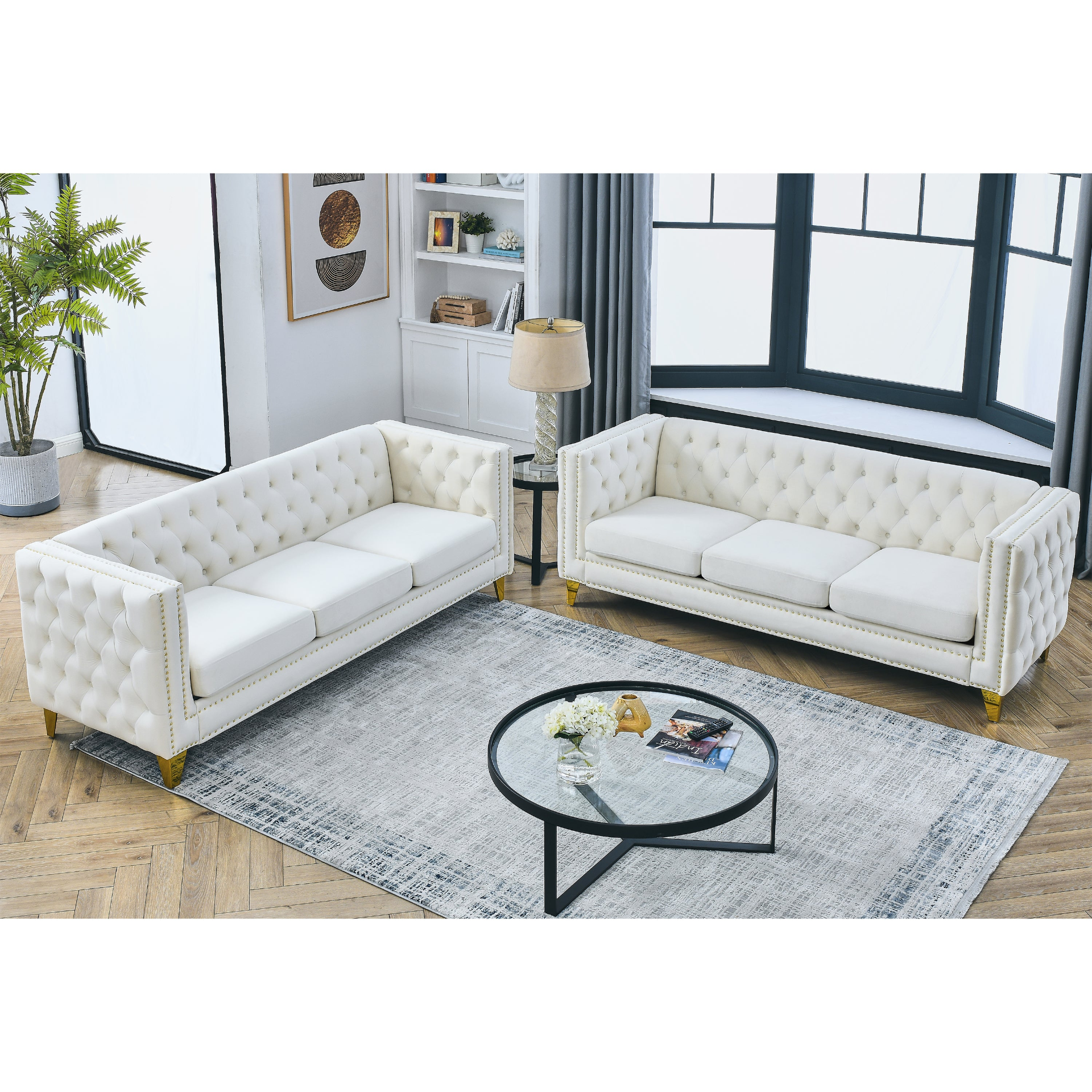 Sofa & Chair sets | {Contact us for 3D modeling} Velvet Sofa for Living Room,Buttons Tufted Square Arm Couch, Modern Couch Upholstered Button and Metal Legs, Sofa Couch for Bedroom, Beige Velvet ,2PCS | casafoyer.myshopify.com