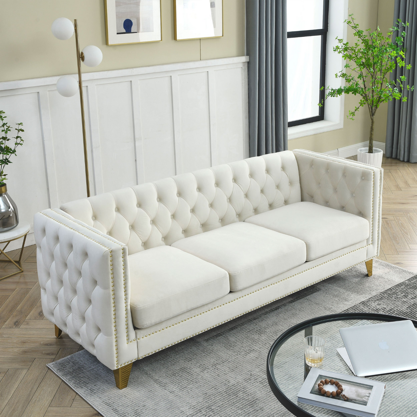 Sofa & Chair sets | {Contact us for 3D modeling} Velvet Sofa for Living Room,Buttons Tufted Square Arm Couch, Modern Couch Upholstered Button and Metal Legs, Sofa Couch for Bedroom, Beige Velvet ,2PCS | casafoyer.myshopify.com