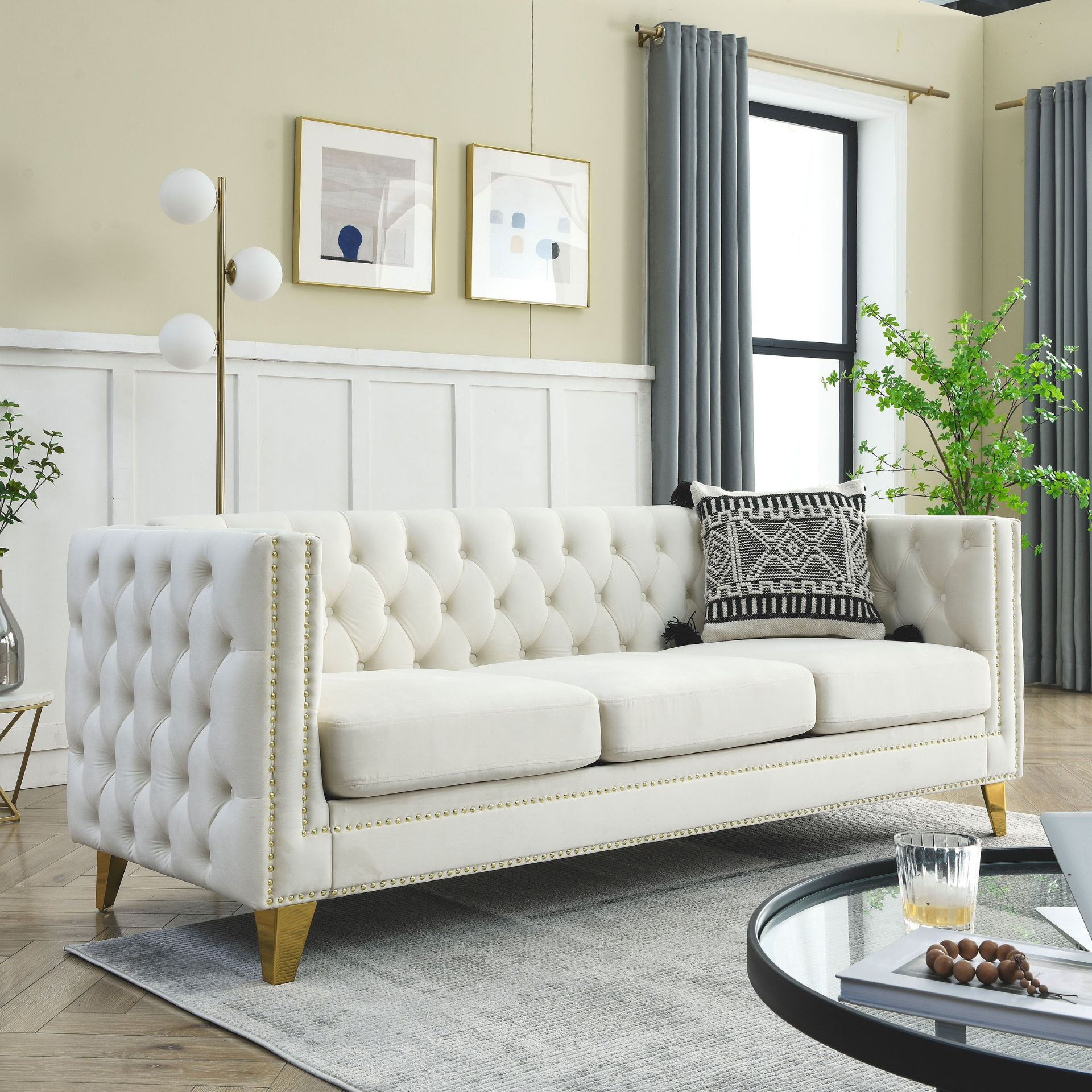 Sofa & Chair sets | {Contact us for 3D modeling} Velvet Sofa for Living Room,Buttons Tufted Square Arm Couch, Modern Couch Upholstered Button and Metal Legs, Sofa Couch for Bedroom, Beige Velvet ,2PCS | casafoyer.myshopify.com