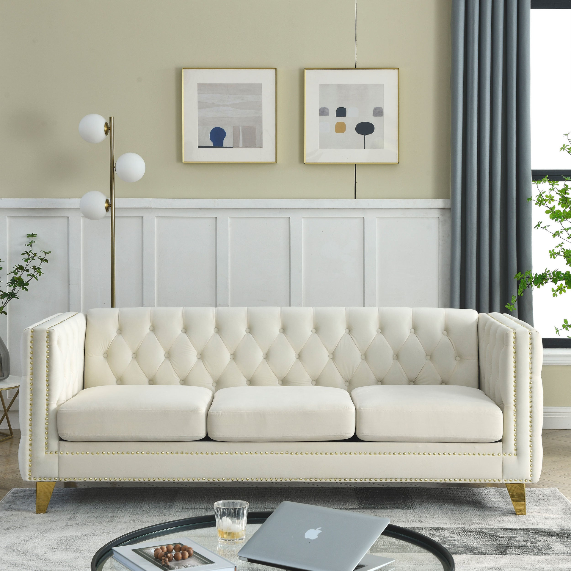 Sofa & Chair sets | {Contact us for 3D modeling} Velvet Sofa for Living Room,Buttons Tufted Square Arm Couch, Modern Couch Upholstered Button and Metal Legs, Sofa Couch for Bedroom, Beige Velvet ,2PCS | casafoyer.myshopify.com