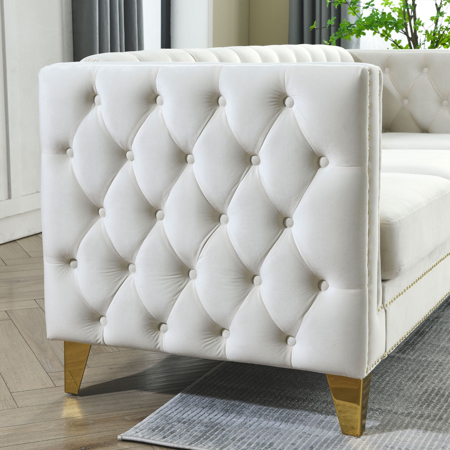 Sofa & Chair sets | {Contact us for 3D modeling} Velvet Sofa for Living Room,Buttons Tufted Square Arm Couch, Modern Couch Upholstered Button and Metal Legs, Sofa Couch for Bedroom, Beige Velvet ,2PCS | casafoyer.myshopify.com