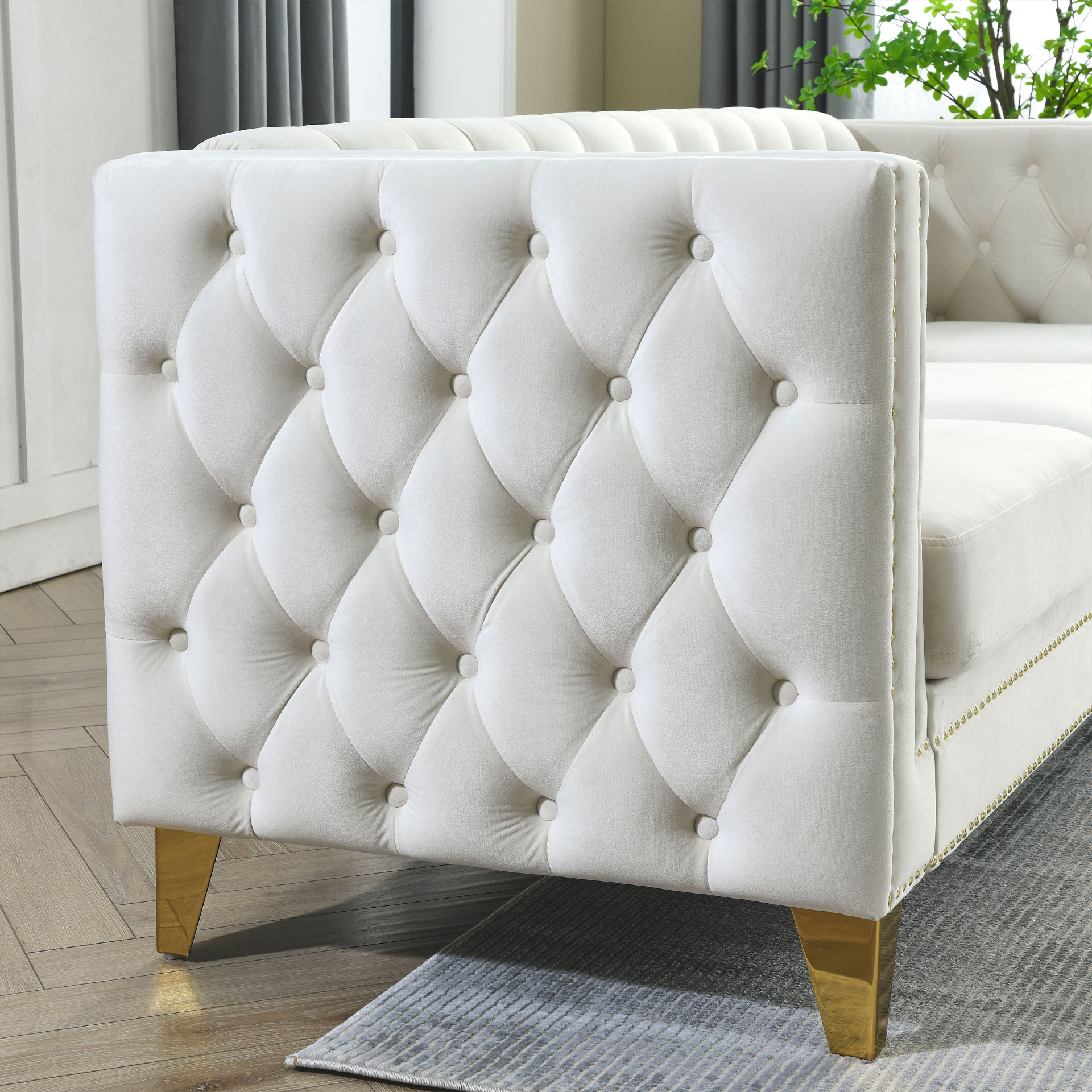 Sofa & Chair sets | {Contact us for 3D modeling} Velvet Sofa for Living Room,Buttons Tufted Square Arm Couch, Modern Couch Upholstered Button and Metal Legs, Sofa Couch for Bedroom, Beige Velvet ,2PCS | casafoyer.myshopify.com