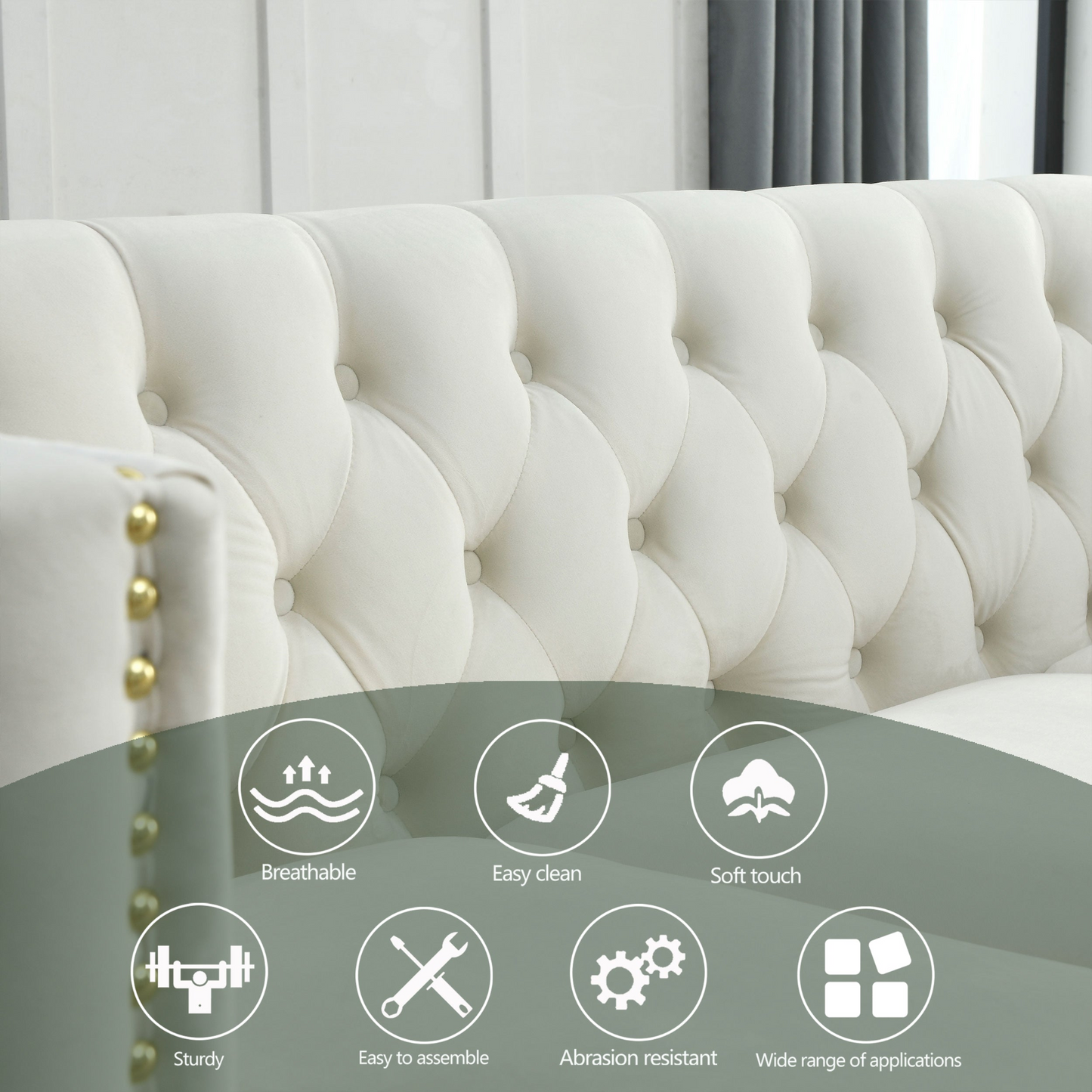 Sofa & Chair sets | {Contact us for 3D modeling} Velvet Sofa for Living Room,Buttons Tufted Square Arm Couch, Modern Couch Upholstered Button and Metal Legs, Sofa Couch for Bedroom, Beige Velvet ,2PCS | casafoyer.myshopify.com