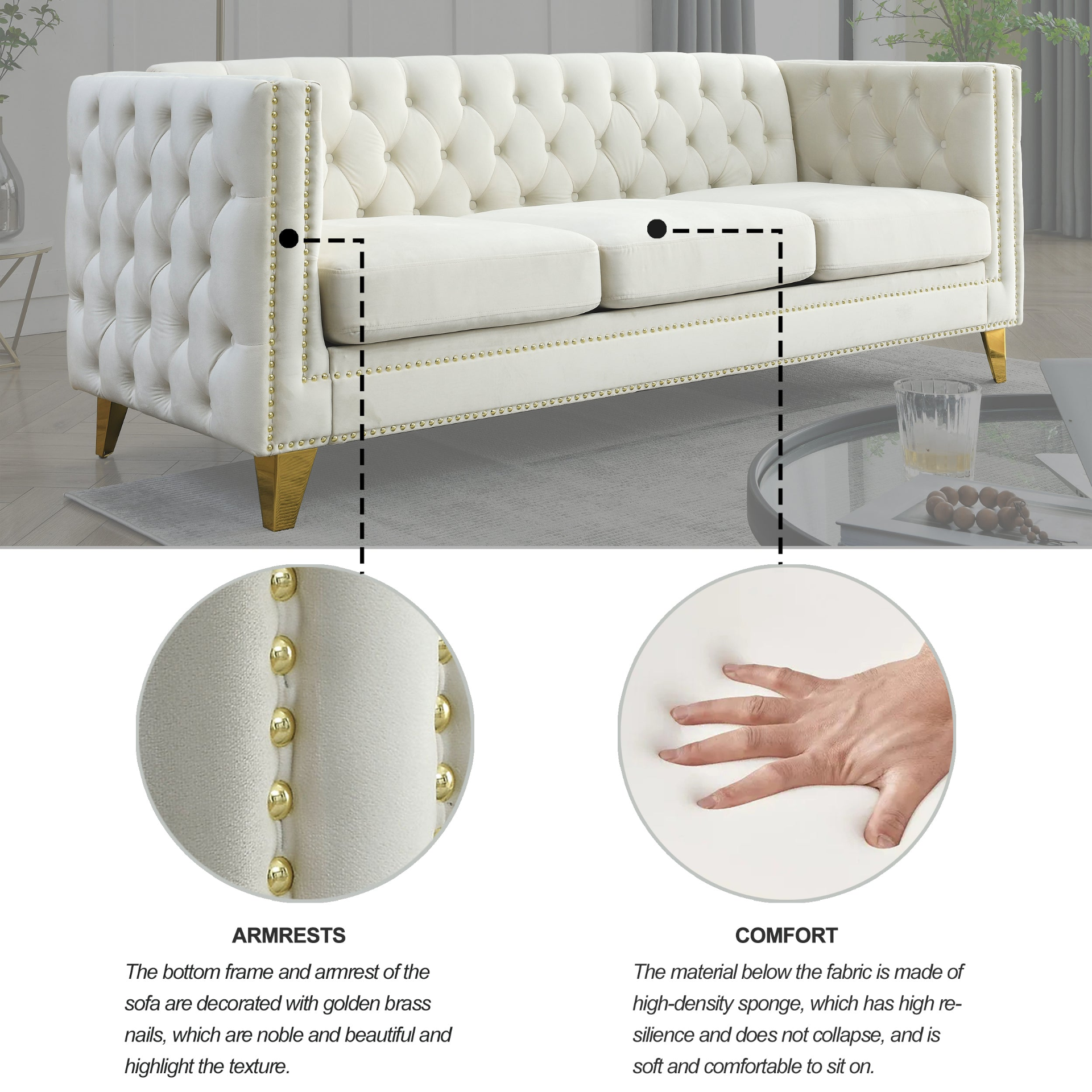 Sofa & Chair sets | {Contact us for 3D modeling} Velvet Sofa for Living Room,Buttons Tufted Square Arm Couch, Modern Couch Upholstered Button and Metal Legs, Sofa Couch for Bedroom, Beige Velvet ,2PCS | casafoyer.myshopify.com