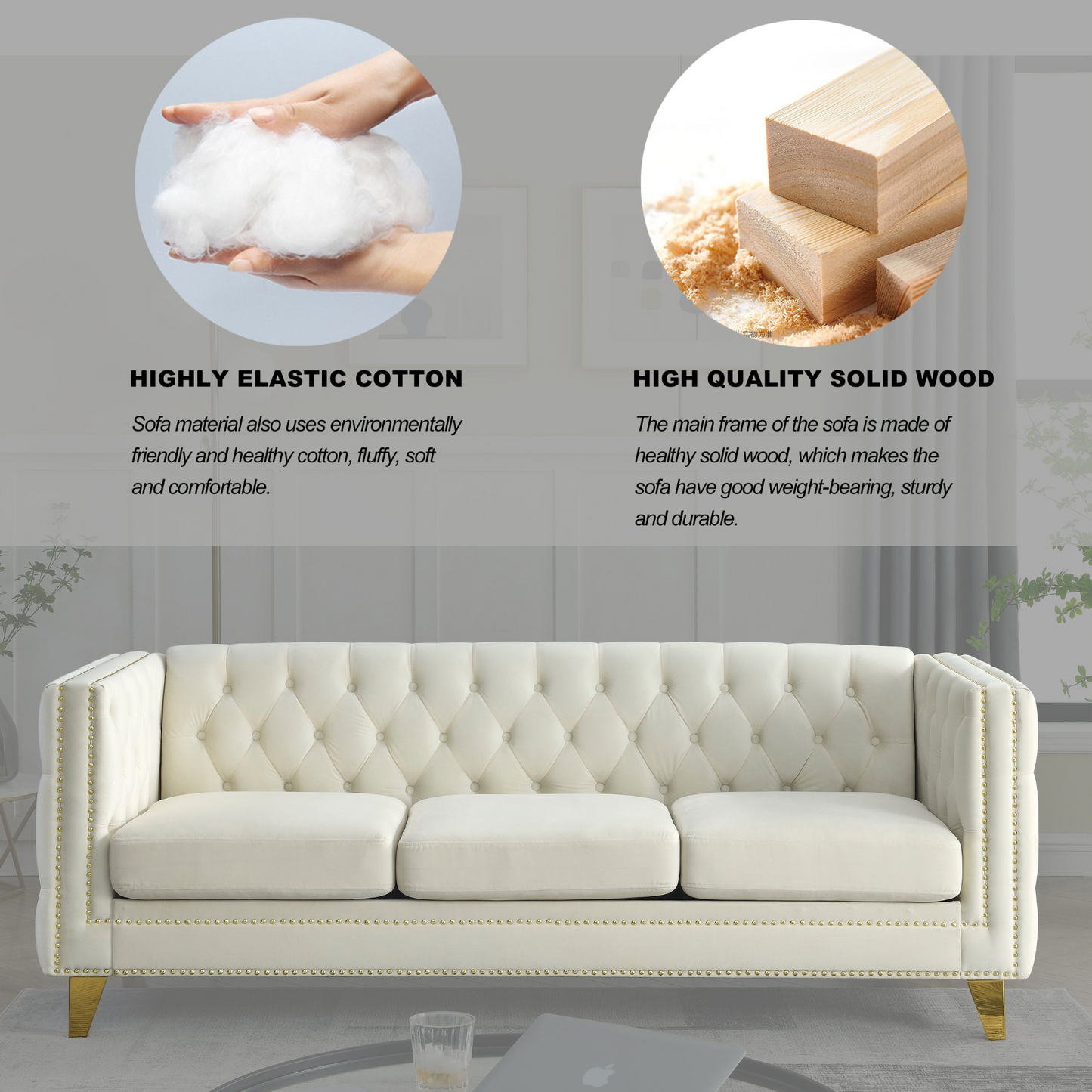 Sofa & Chair sets | {Contact us for 3D modeling} Velvet Sofa for Living Room,Buttons Tufted Square Arm Couch, Modern Couch Upholstered Button and Metal Legs, Sofa Couch for Bedroom, Beige Velvet ,2PCS | casafoyer.myshopify.com