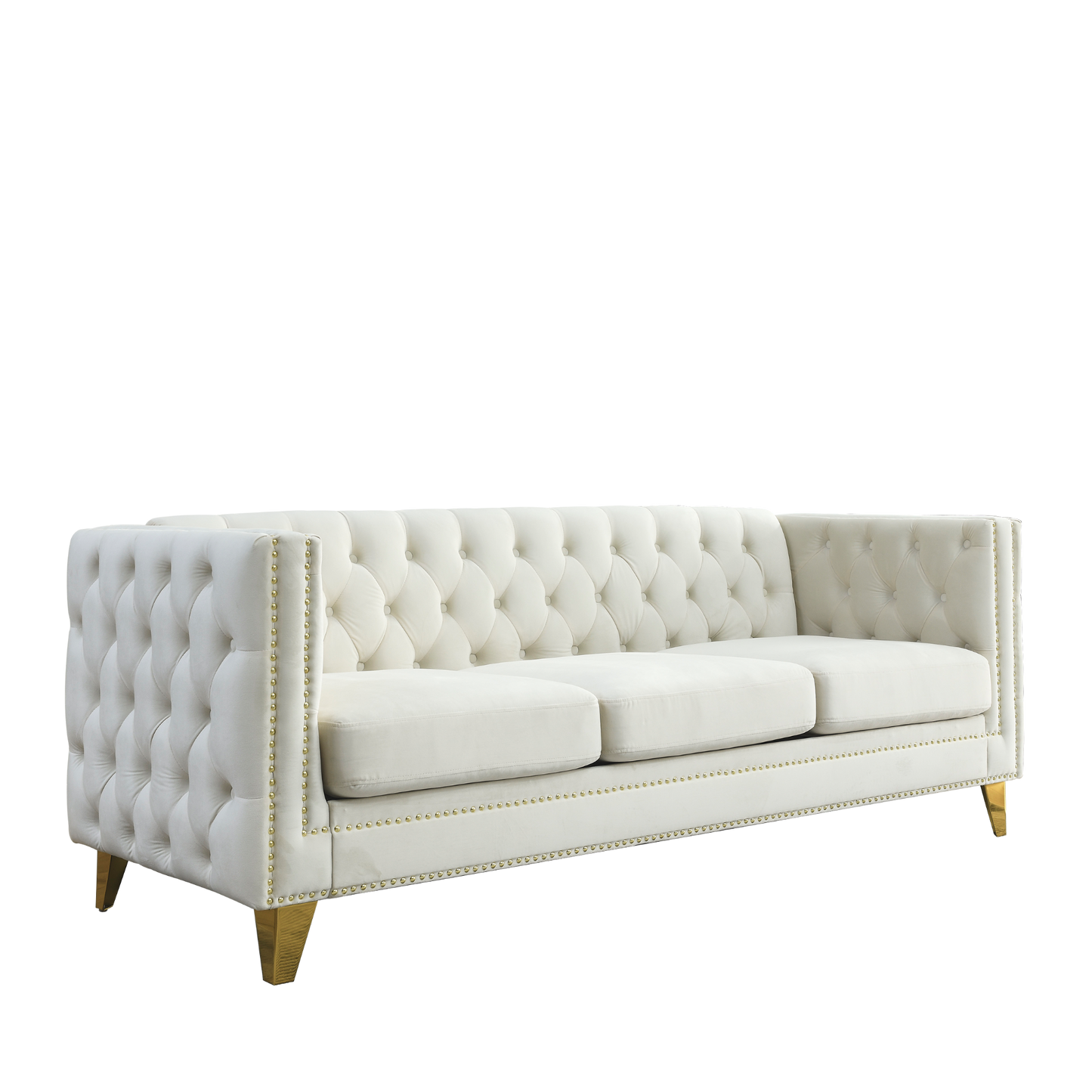 Sofa & Chair sets | {Contact us for 3D modeling} Velvet Sofa for Living Room,Buttons Tufted Square Arm Couch, Modern Couch Upholstered Button and Metal Legs, Sofa Couch for Bedroom, Beige Velvet ,2PCS | casafoyer.myshopify.com