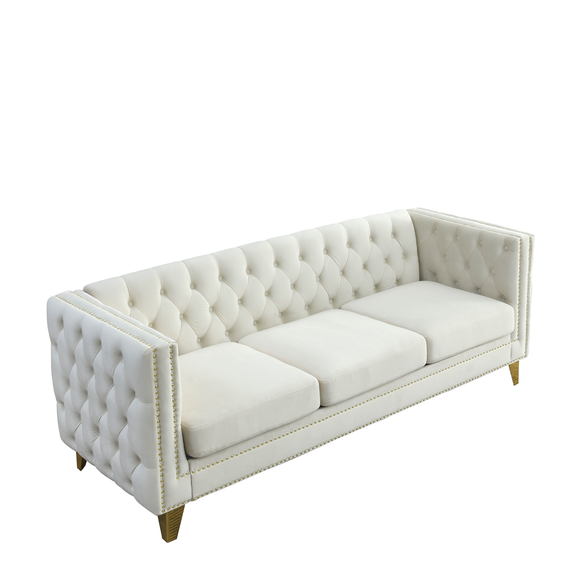 Sofa & Chair sets | {Contact us for 3D modeling} Velvet Sofa for Living Room,Buttons Tufted Square Arm Couch, Modern Couch Upholstered Button and Metal Legs, Sofa Couch for Bedroom, Beige Velvet ,2PCS | casafoyer.myshopify.com