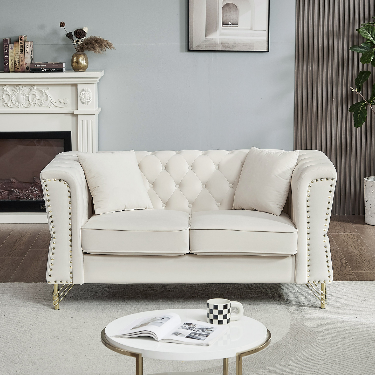 Sofa & Chair sets | Chesterfield Sofa Beige Velvet for Living Room, 2 Seater Sofa Tufted Couch with Metal Foot and Nailhead for Living Room, Bedroom, Office, Apartment, two pillows | casafoyer.myshopify.com