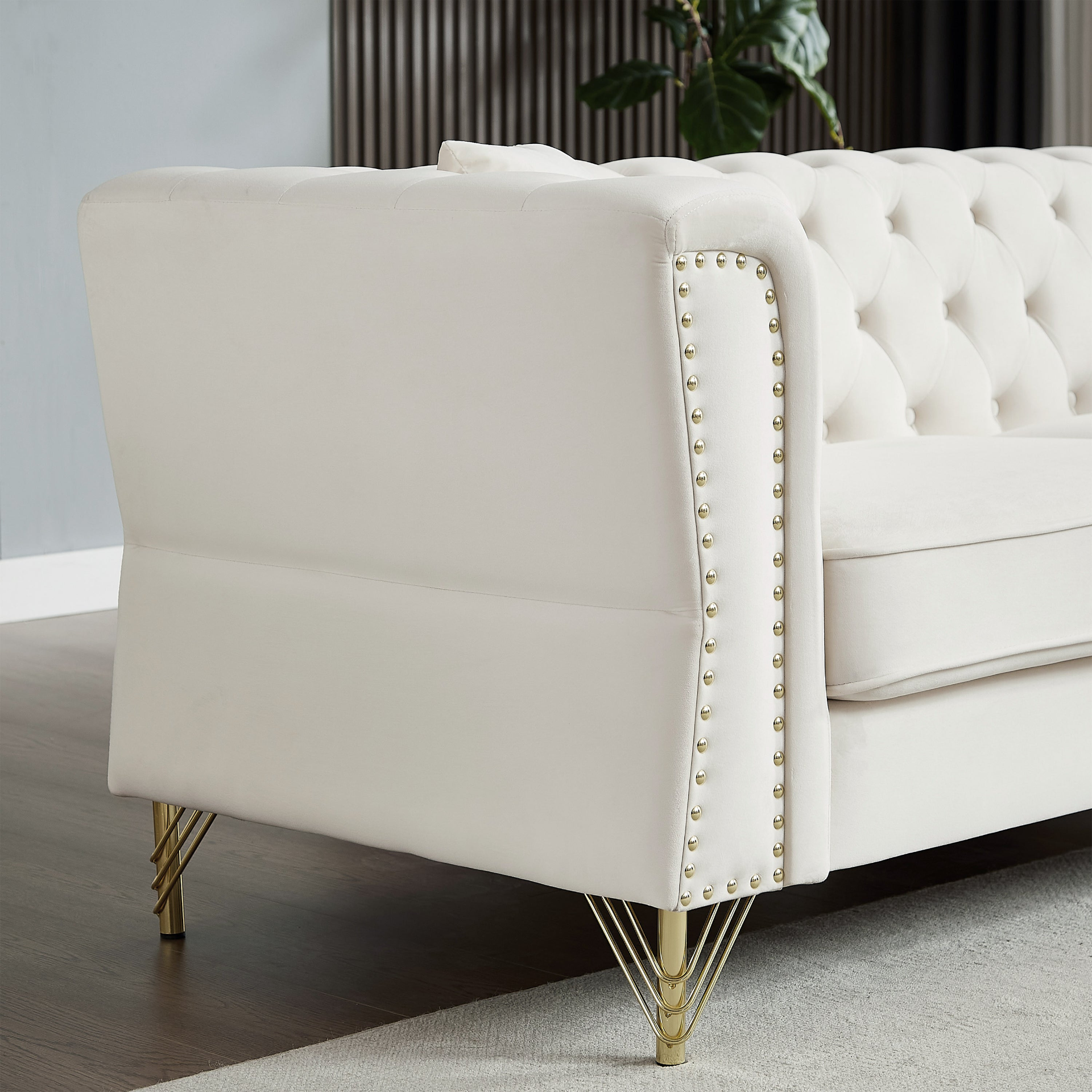 Sofa & Chair sets | Chesterfield Sofa Beige Velvet for Living Room, 2 Seater Sofa Tufted Couch with Metal Foot and Nailhead for Living Room, Bedroom, Office, Apartment, two pillows | casafoyer.myshopify.com