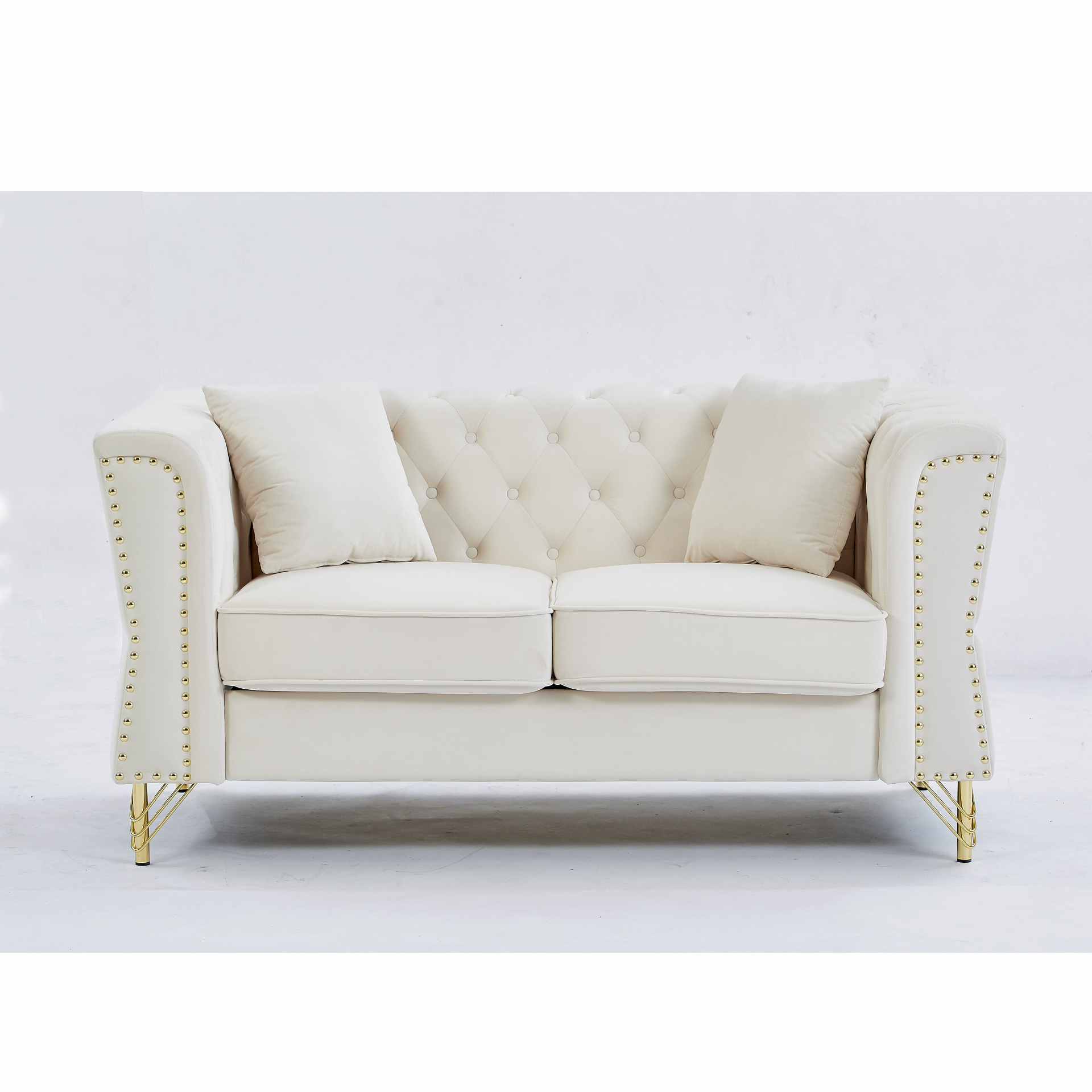 Sofa & Chair sets | Chesterfield Sofa Beige Velvet for Living Room, 2 Seater Sofa Tufted Couch with Metal Foot and Nailhead for Living Room, Bedroom, Office, Apartment, two pillows | casafoyer.myshopify.com