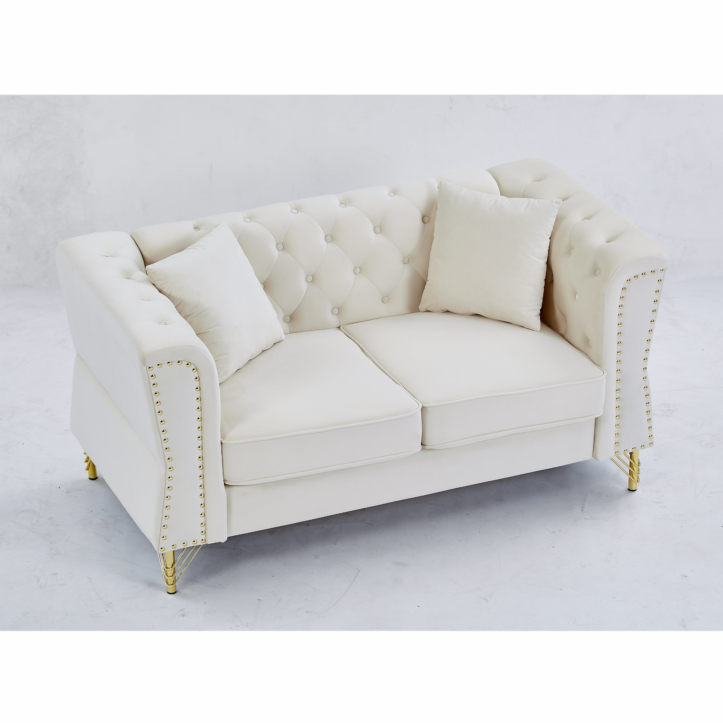 Sofa & Chair sets | Chesterfield Sofa Beige Velvet for Living Room, 2 Seater Sofa Tufted Couch with Metal Foot and Nailhead for Living Room, Bedroom, Office, Apartment, two pillows | casafoyer.myshopify.com