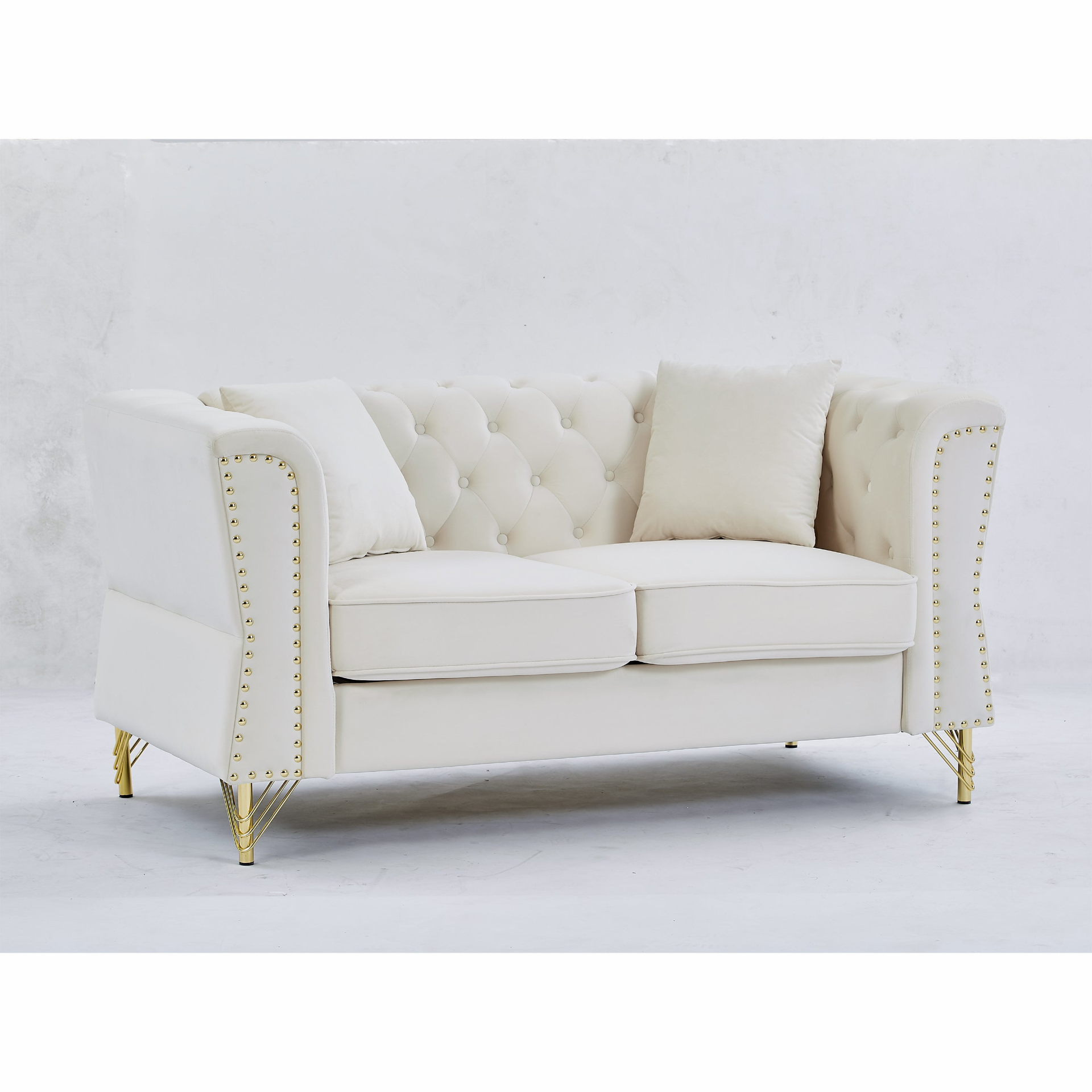 Sofa & Chair sets | Chesterfield Sofa Beige Velvet for Living Room, 2 Seater Sofa Tufted Couch with Metal Foot and Nailhead for Living Room, Bedroom, Office, Apartment, two pillows | casafoyer.myshopify.com