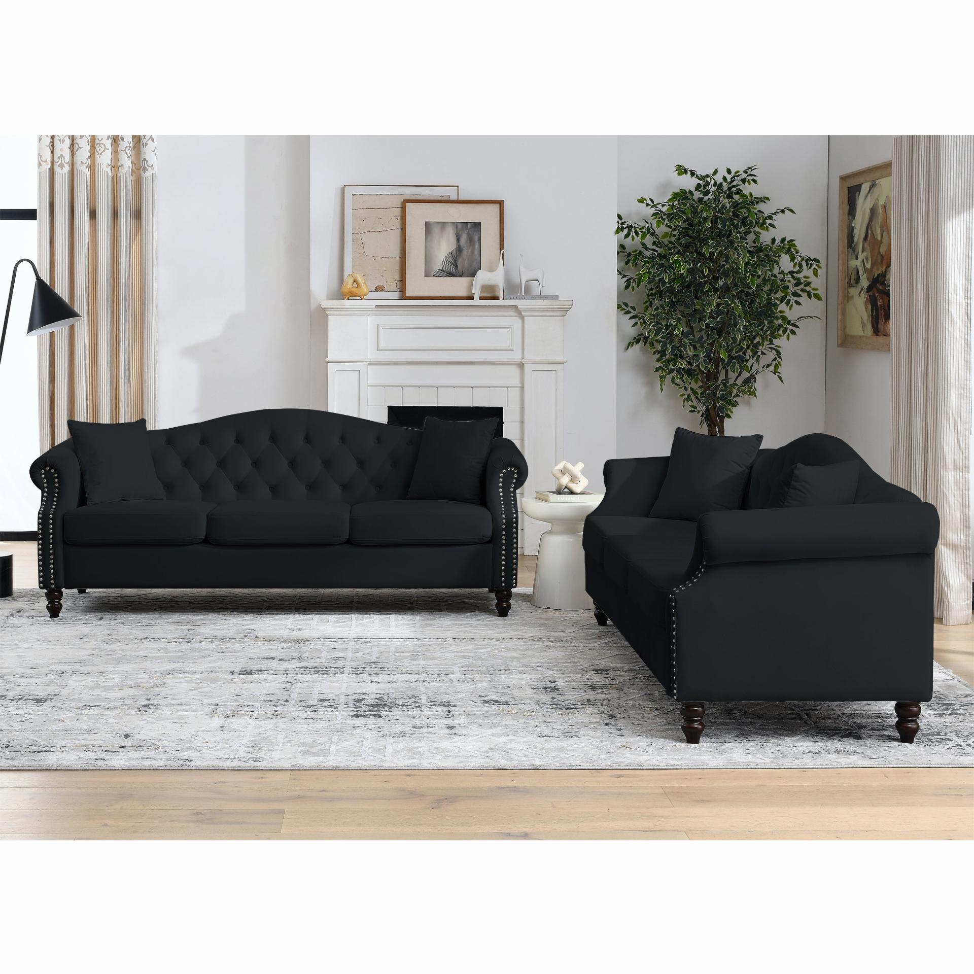 [product_type] | 79" Chesterfield Sofa Black Velvet for Living Room, 3 Seater Sofa Tufted Couch with Rolled Arms and Nailhead for Living Room, Bedroom, Office, Apartment, 3S+3S | casafoyer.myshopify.com