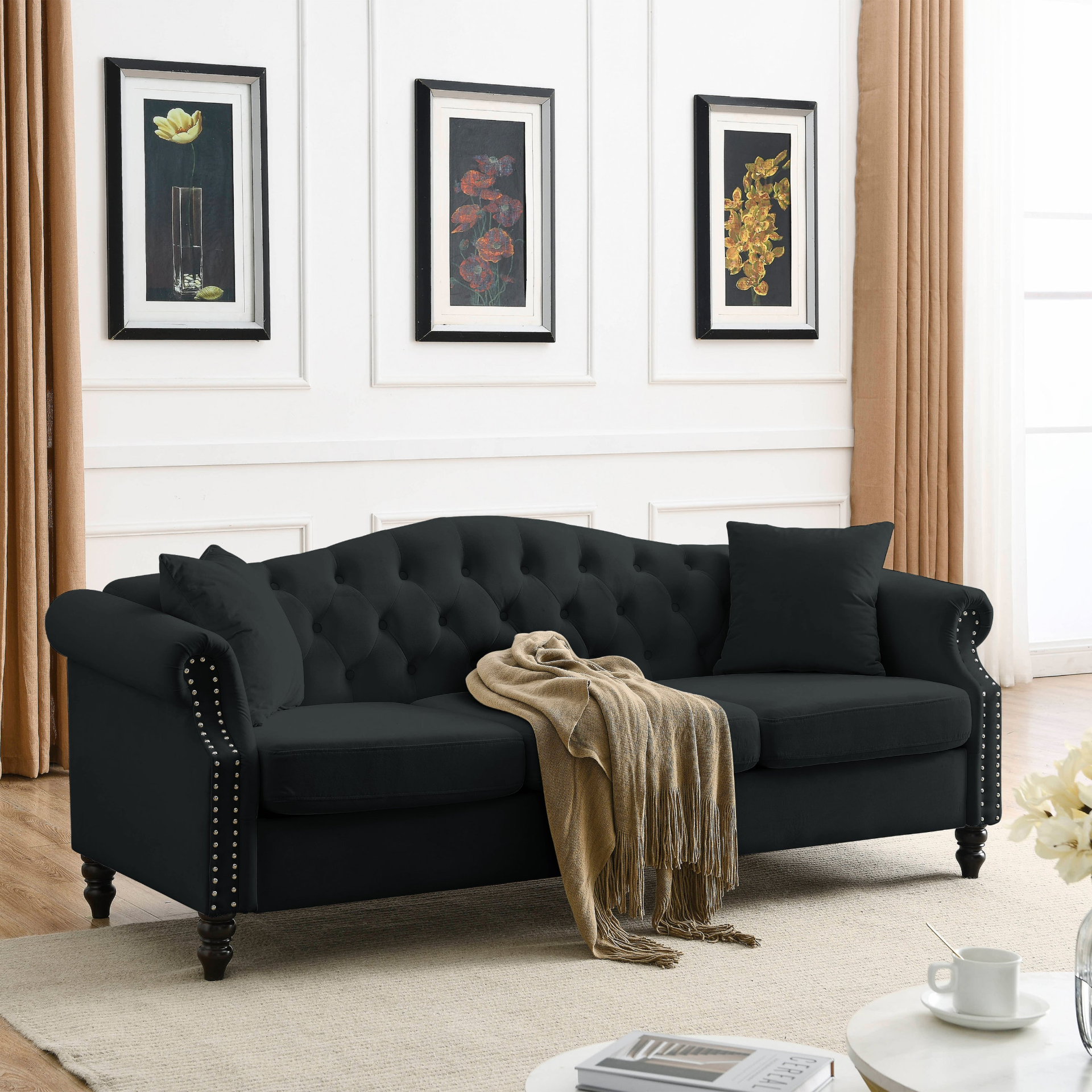 [product_type] | 79" Chesterfield Sofa Black Velvet for Living Room, 3 Seater Sofa Tufted Couch with Rolled Arms and Nailhead for Living Room, Bedroom, Office, Apartment, 3S+3S | casafoyer.myshopify.com