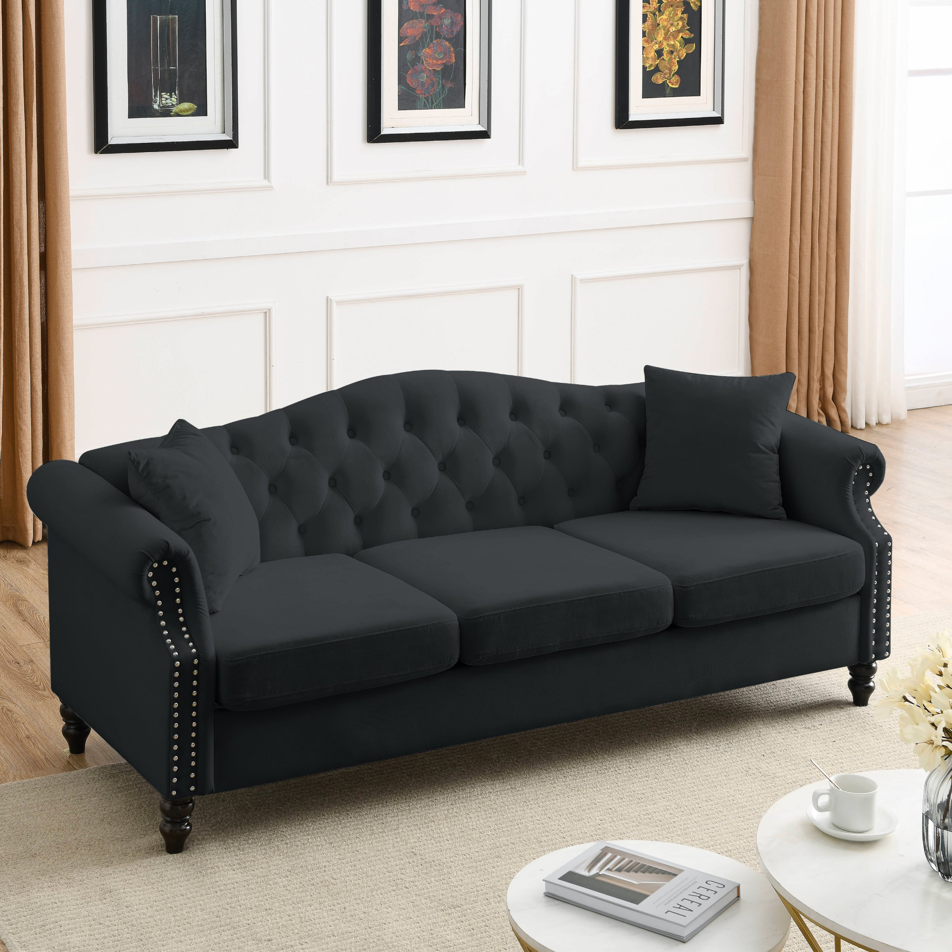 [product_type] | 79" Chesterfield Sofa Black Velvet for Living Room, 3 Seater Sofa Tufted Couch with Rolled Arms and Nailhead for Living Room, Bedroom, Office, Apartment, 3S+3S | casafoyer.myshopify.com