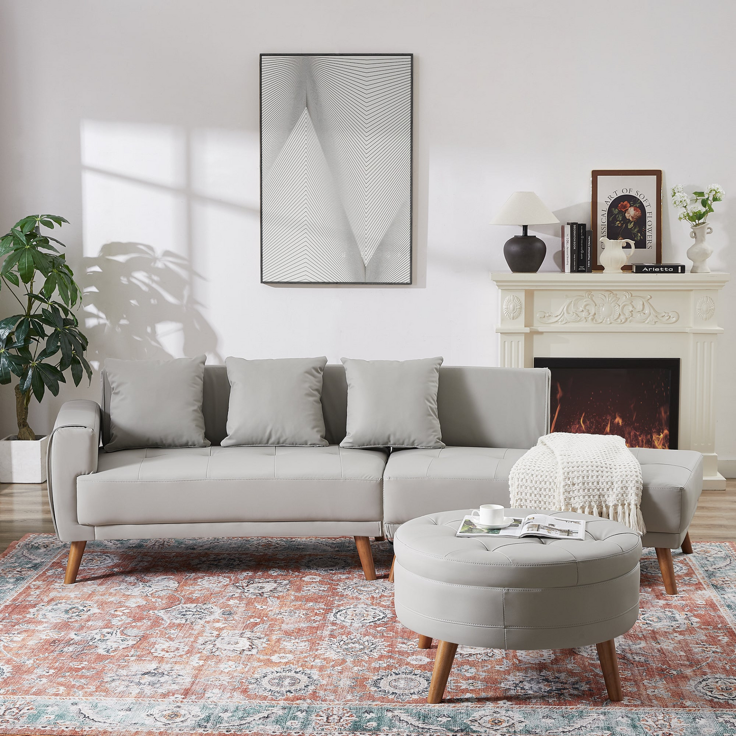 Sofa & Chair sets | Contemporary Sofa Stylish Sofa Couch with a Round Storage Ottoman and Three Removable Pillows for Living Room, Grey | casafoyer.myshopify.com