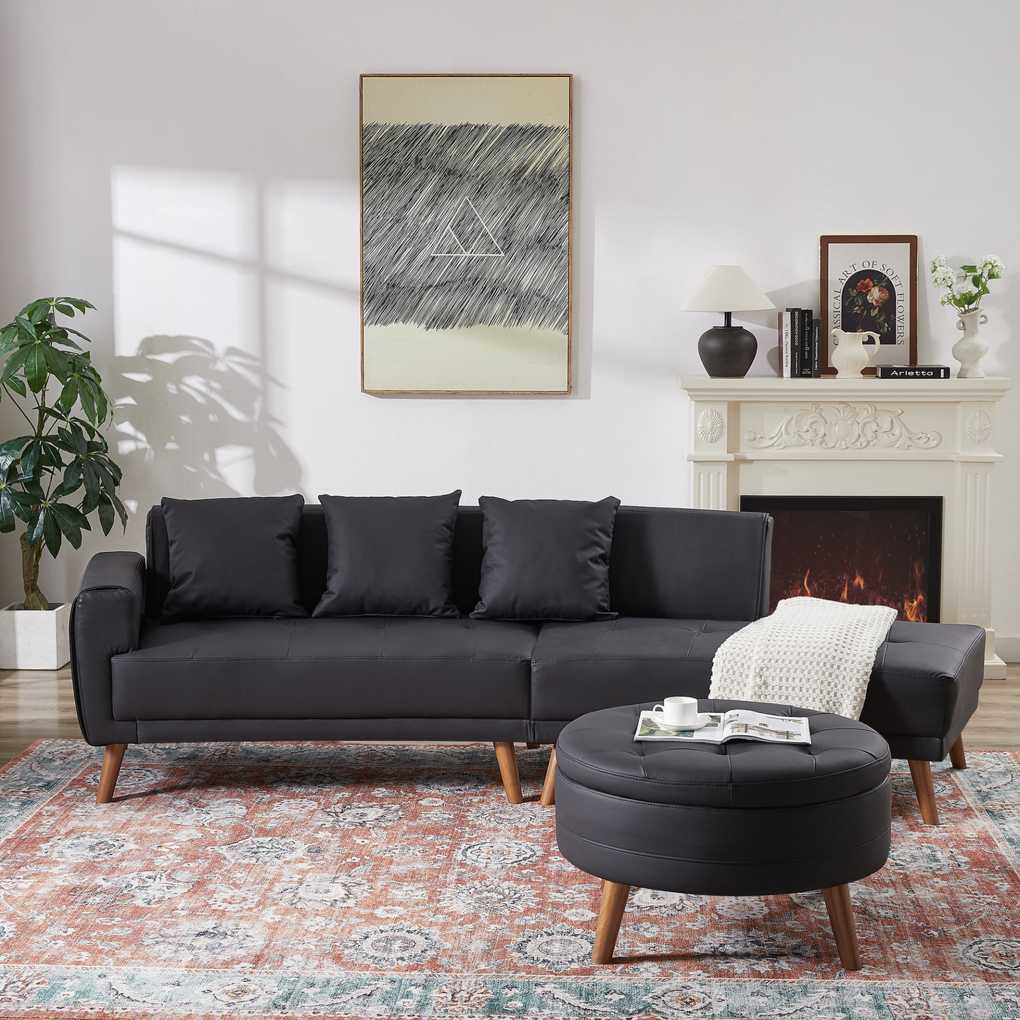 Sofa & Chair sets | Contemporary Sofa Stylish Sofa Couch with a Round Storage Ottoman and Three Removable Pillows for Living Room, Black | casafoyer.myshopify.com