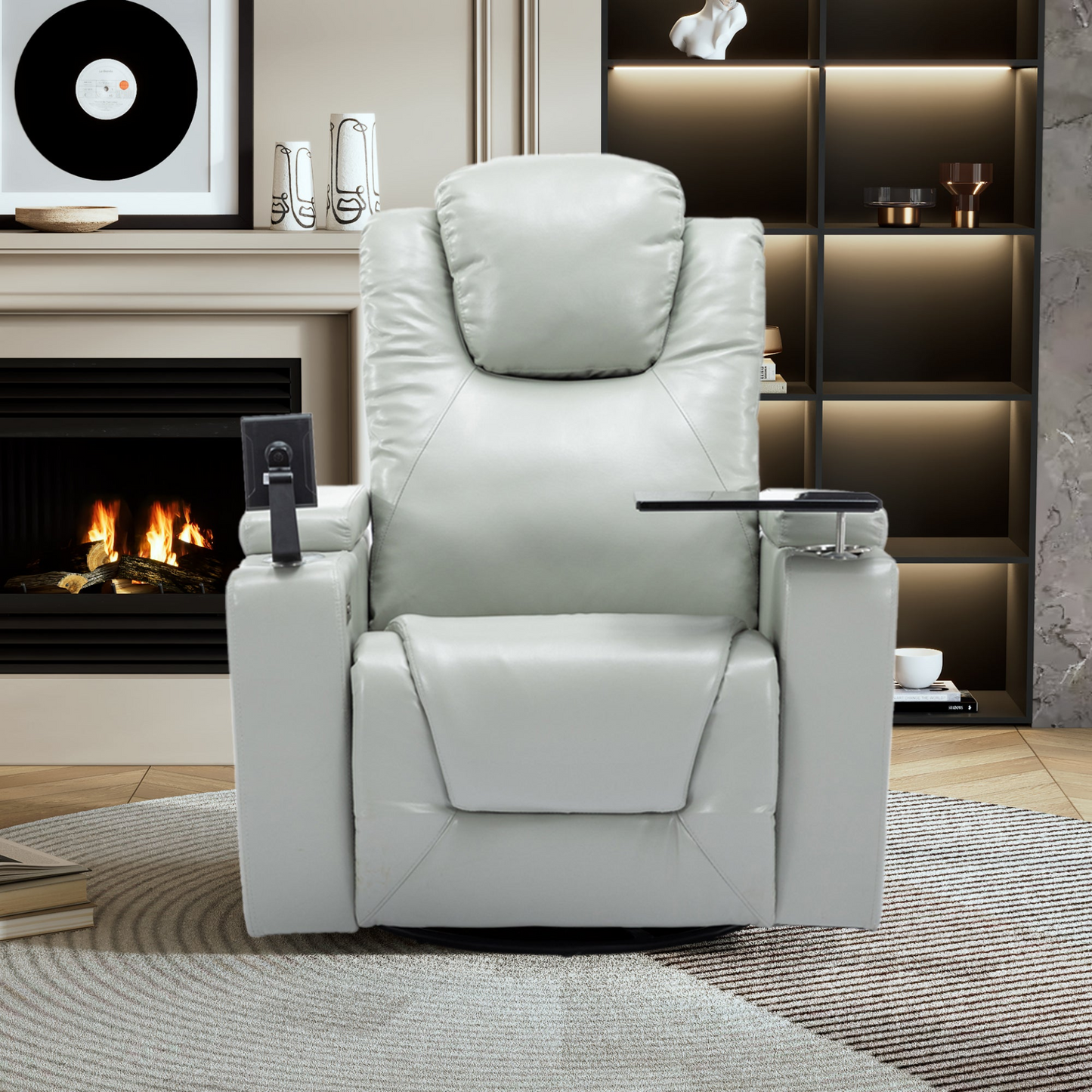 Sofa & Chair sets | 270 Degree Swivel PU Leather Power Recliner Individual Seat Home Theater Recliner with Surround Sound, Cup Holder, Removable Tray Table, Hidden Arm Storage for Living Room, Grey | casafoyer.myshopify.com