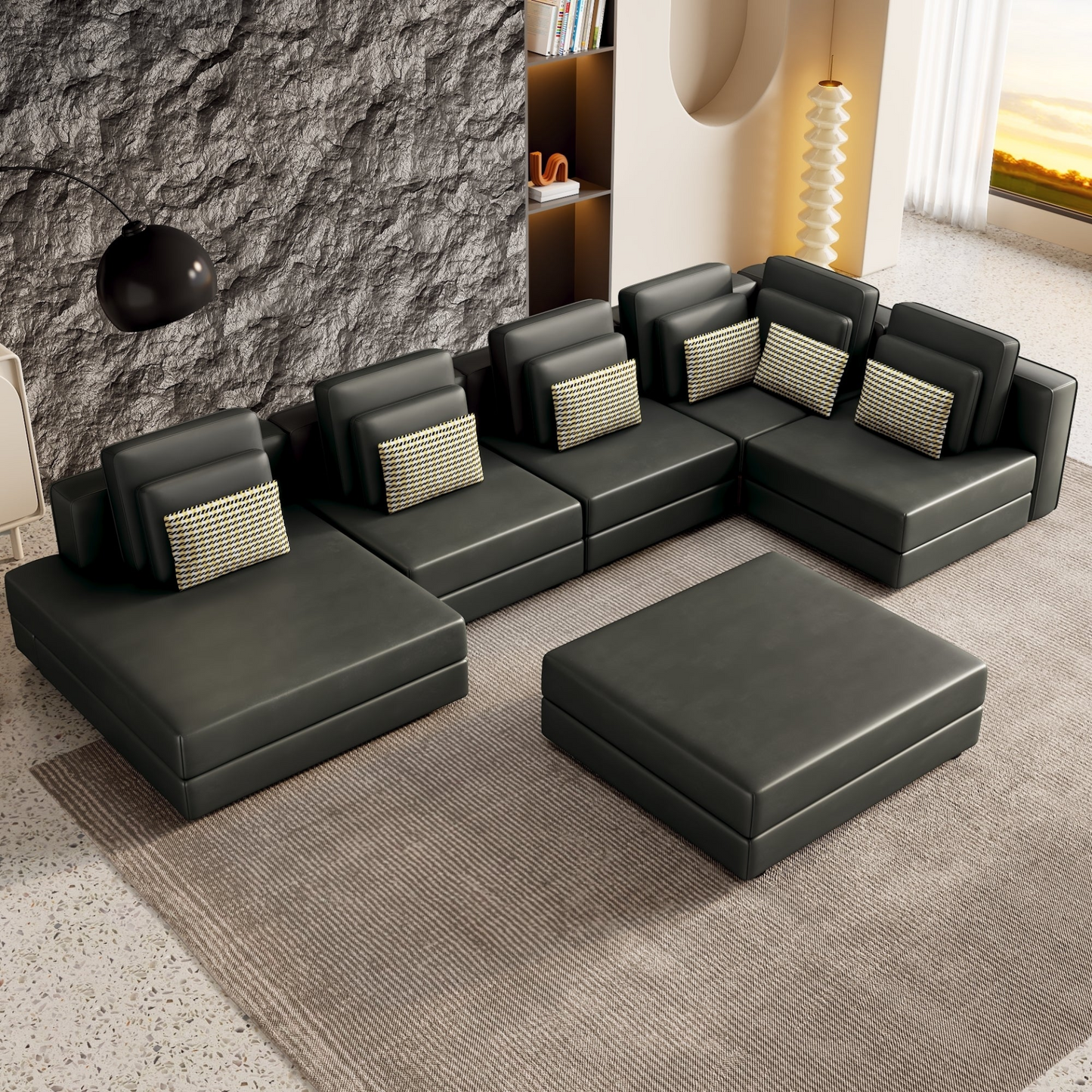 [product_type] | 112.7" Modular Sectional Sofa Corner Sofa Chaise Lounge with Movable Ottoman for Living Room, Black | casafoyer.myshopify.com